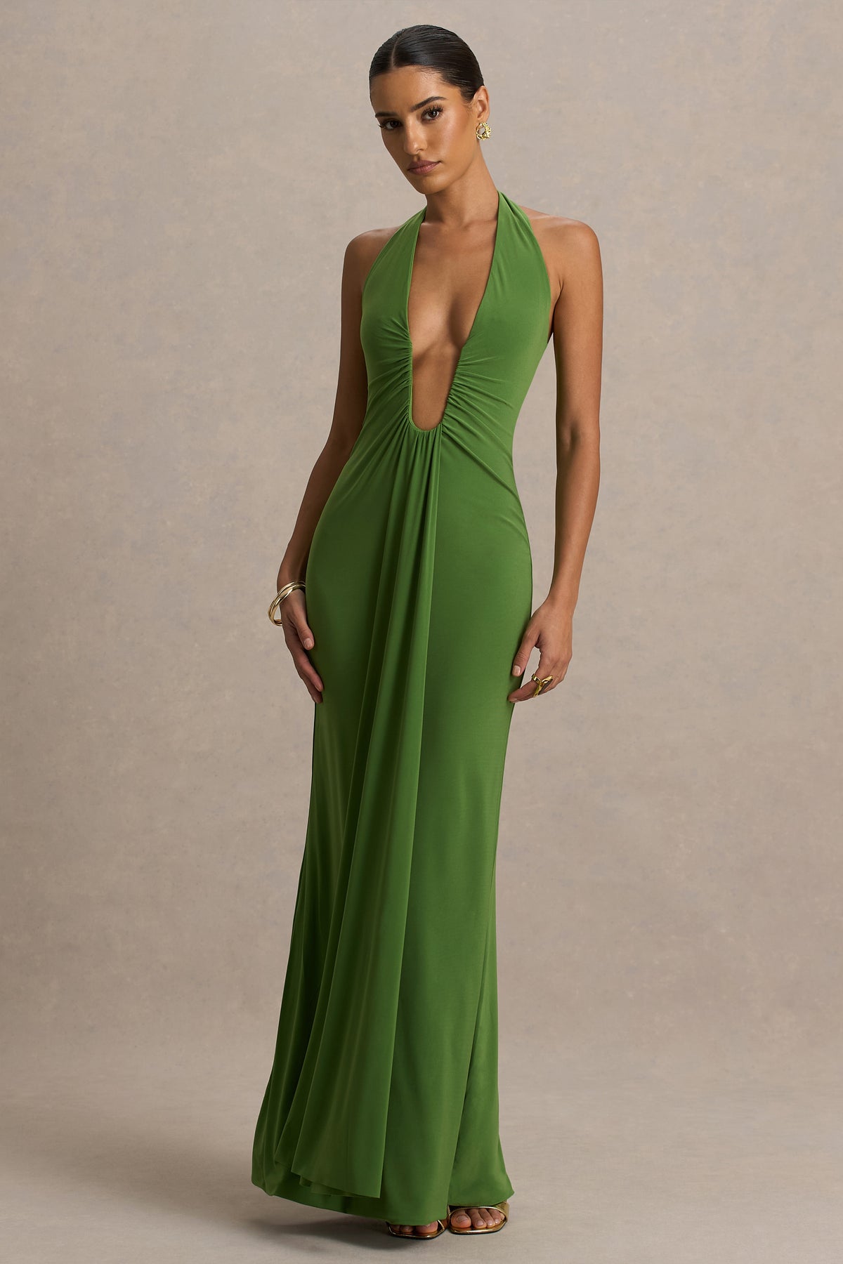 Hera Green Extreme Plunge Maxi Dress With Ruched Detail Club L London - UK Hera Green Extreme Plunge Maxi Dress With Ruched Detail Club L London - UK