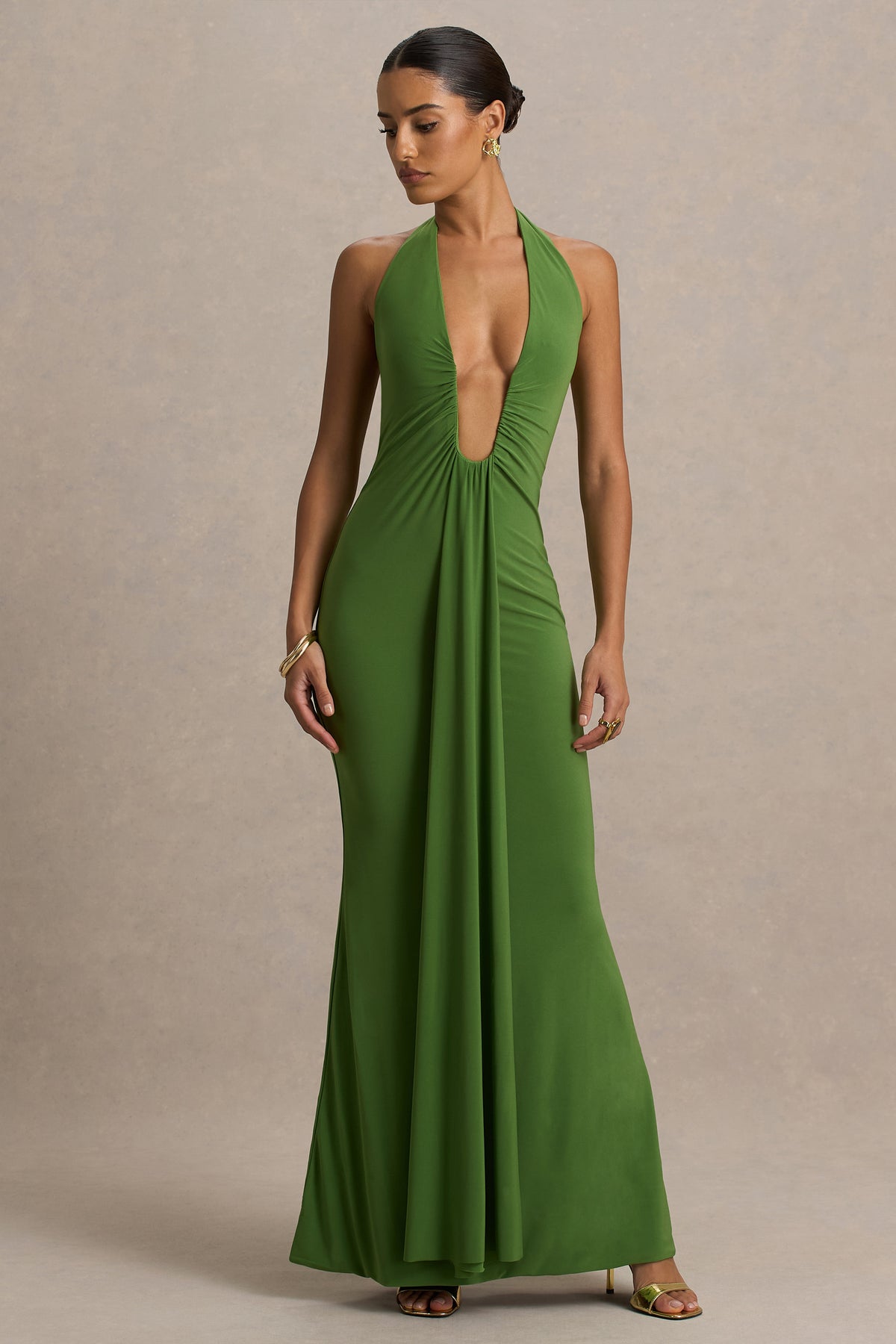 Hera Green Extreme Plunge Maxi Dress With Ruched Detail Club L London - UK Hera Green Extreme Plunge Maxi Dress With Ruched Detail Club L London - UK