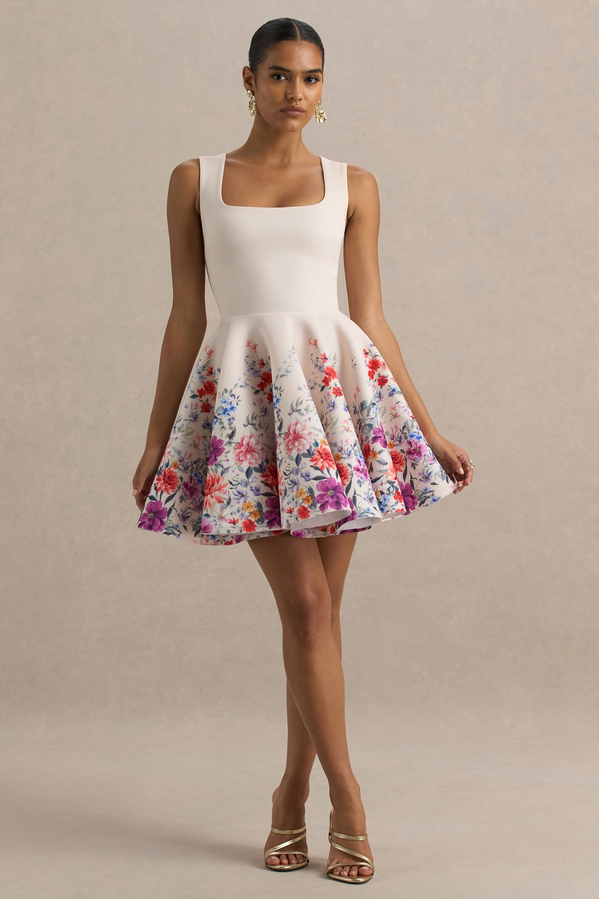 Gemstone Light Pink Floral Print Square-Neck Skater Mini Dress – Club L  London
