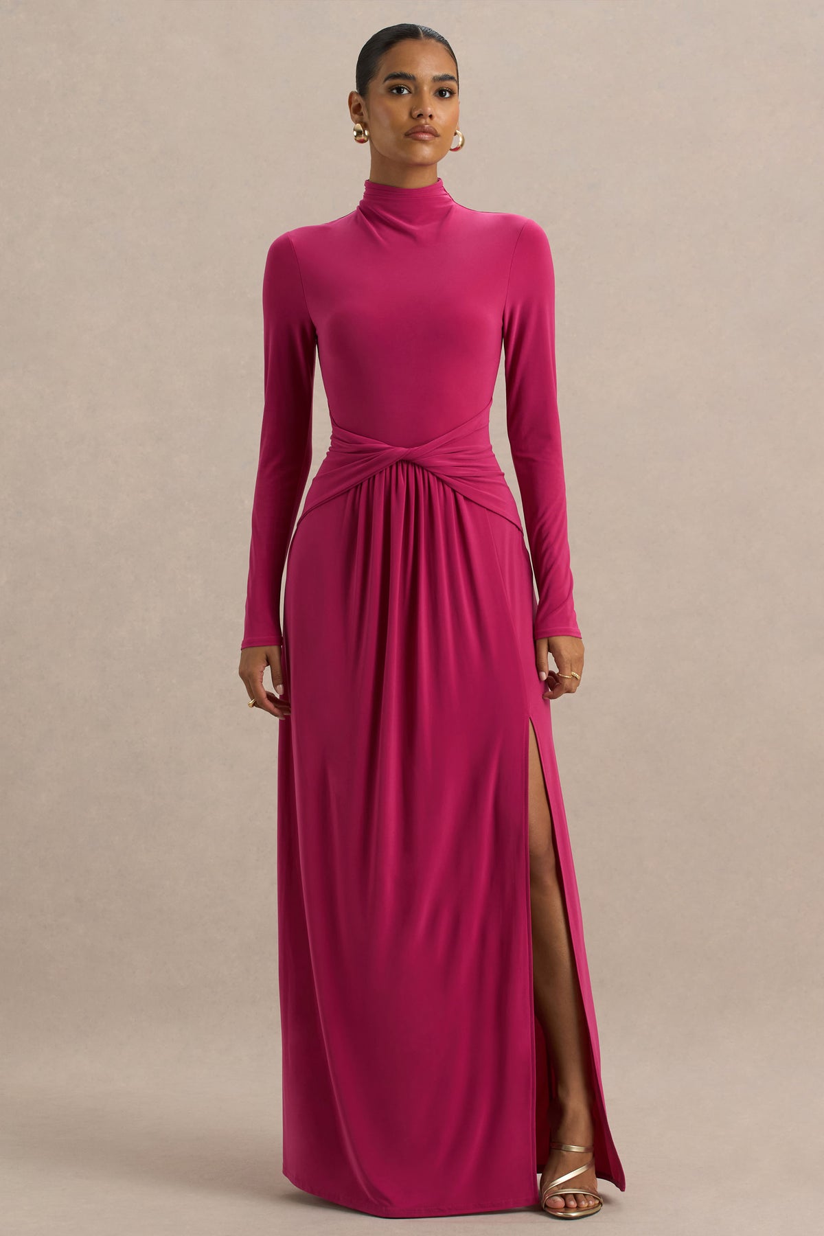 Hourglass Hot Pink Long-Sleeve Twisted Maxi Dress With Split Club L London - UK Hourglass Hot Pink Long-Sleeve Twisted Maxi Dress With Split Club L London - UK