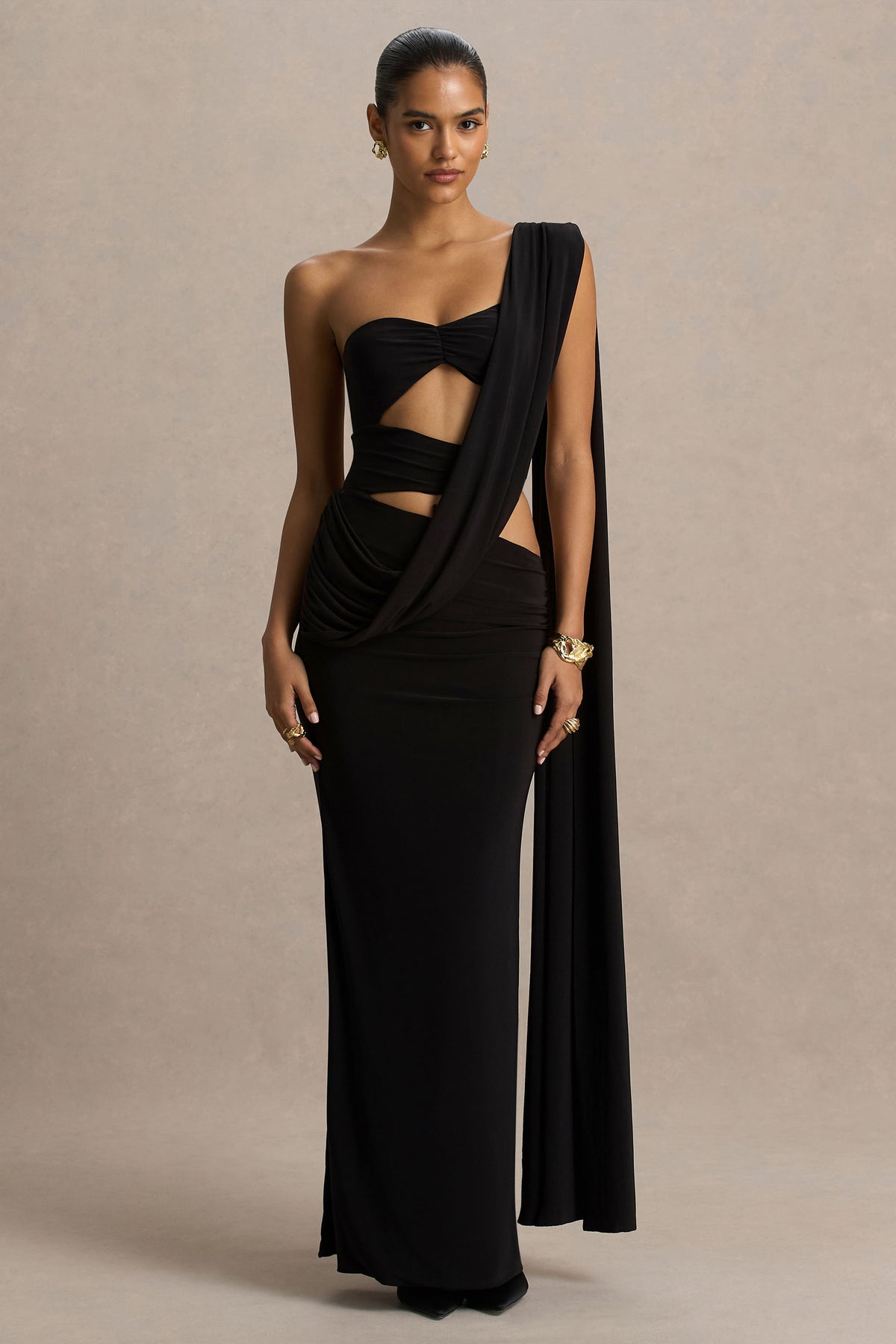 Nebula Black Bandeau Maxi Dress With Body Cut-Out Details Club L London - UK Nebula Black Bandeau Maxi Dress With Body Cut-Out Details Club L London - UK