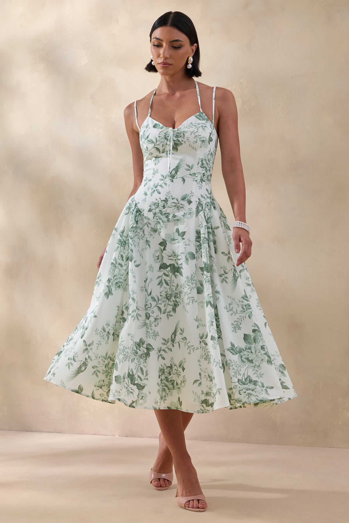 Audrey Green Floral Print Sweetheart-Neck Midi Dress With Ruching De Club L London - UK Audrey Green Floral Print Sweetheart-Neck Midi Dress With Ruching De Club L London - UK
