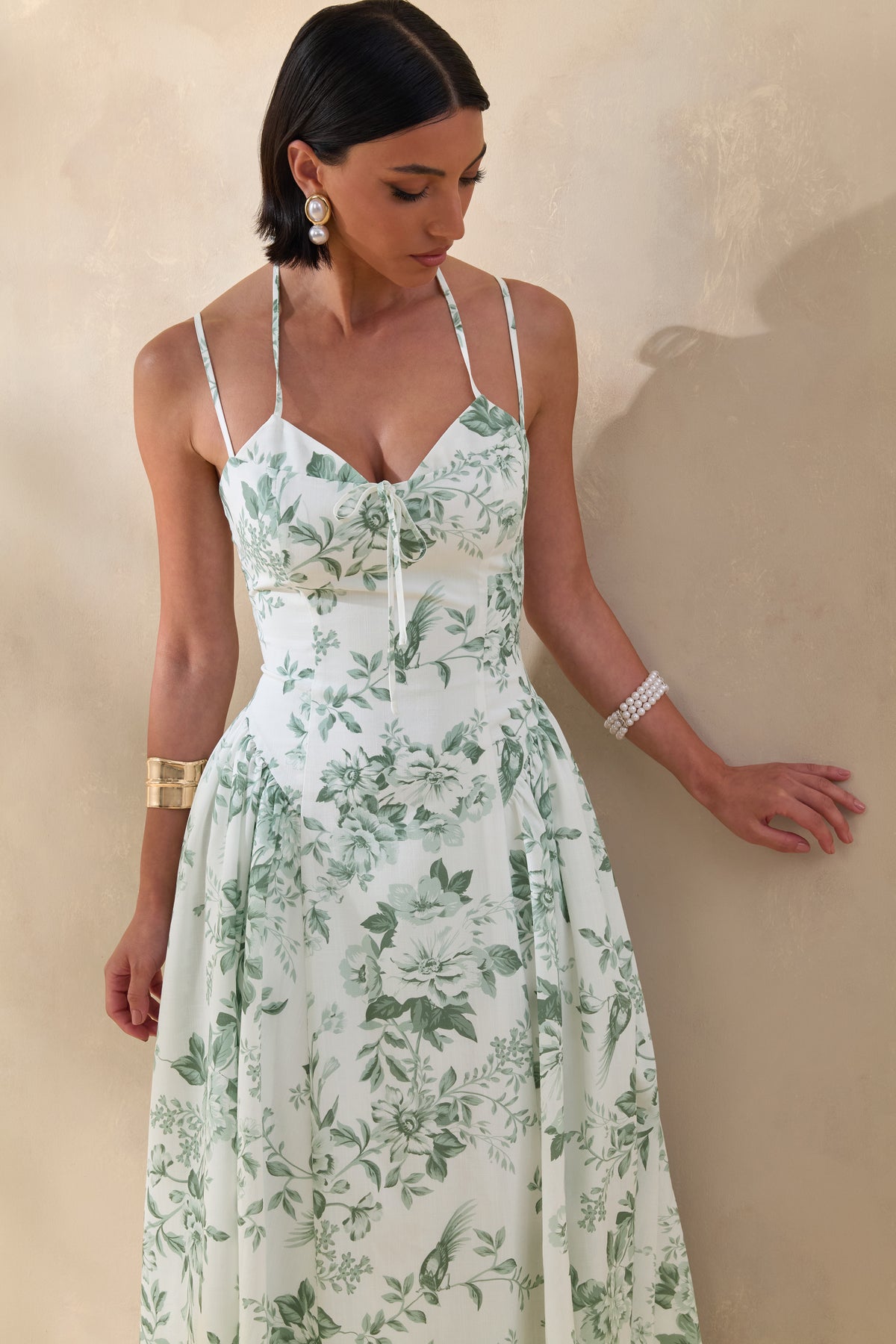 green floral cocktail dress Audrey Green Floral Print Sweetheart-Neck Midi Dress With Ruching De – Club L London