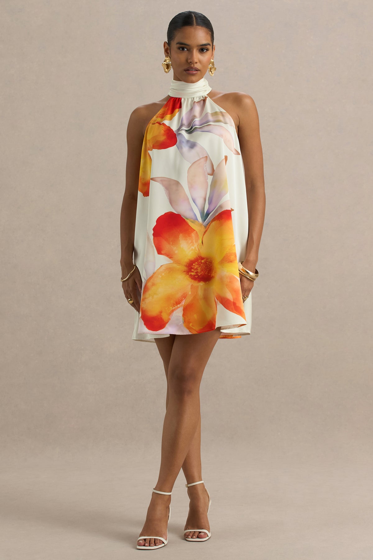 Evita Orange Floral High-Neck Satin Mini Dress – Club L London Evita Orange Floral High-Neck Satin Mini Dress – Club L London