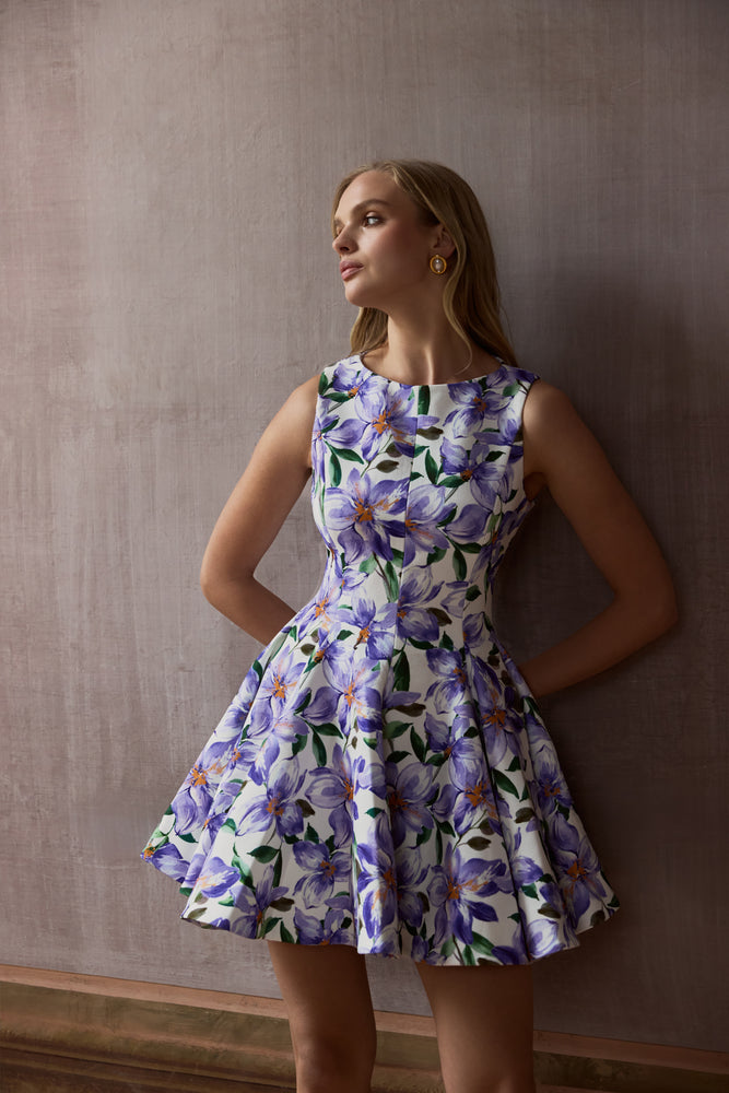 open lace back dress Gabrielle Purple Lily Print Boat-Neck Skater Mini Dress – Club L London
