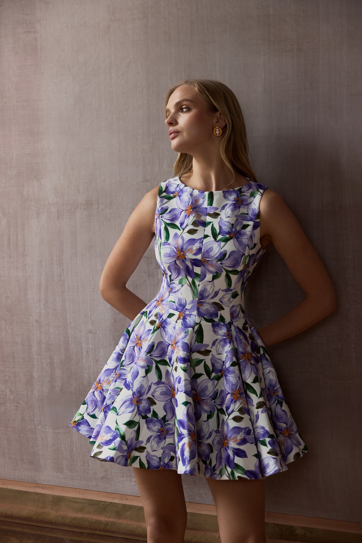 Gabrielle Purple Lily Print Boat-Neck Skater Mini Dress Club L London - UK Gabrielle Purple Lily Print Boat-Neck Skater Mini Dress Club L London - UK