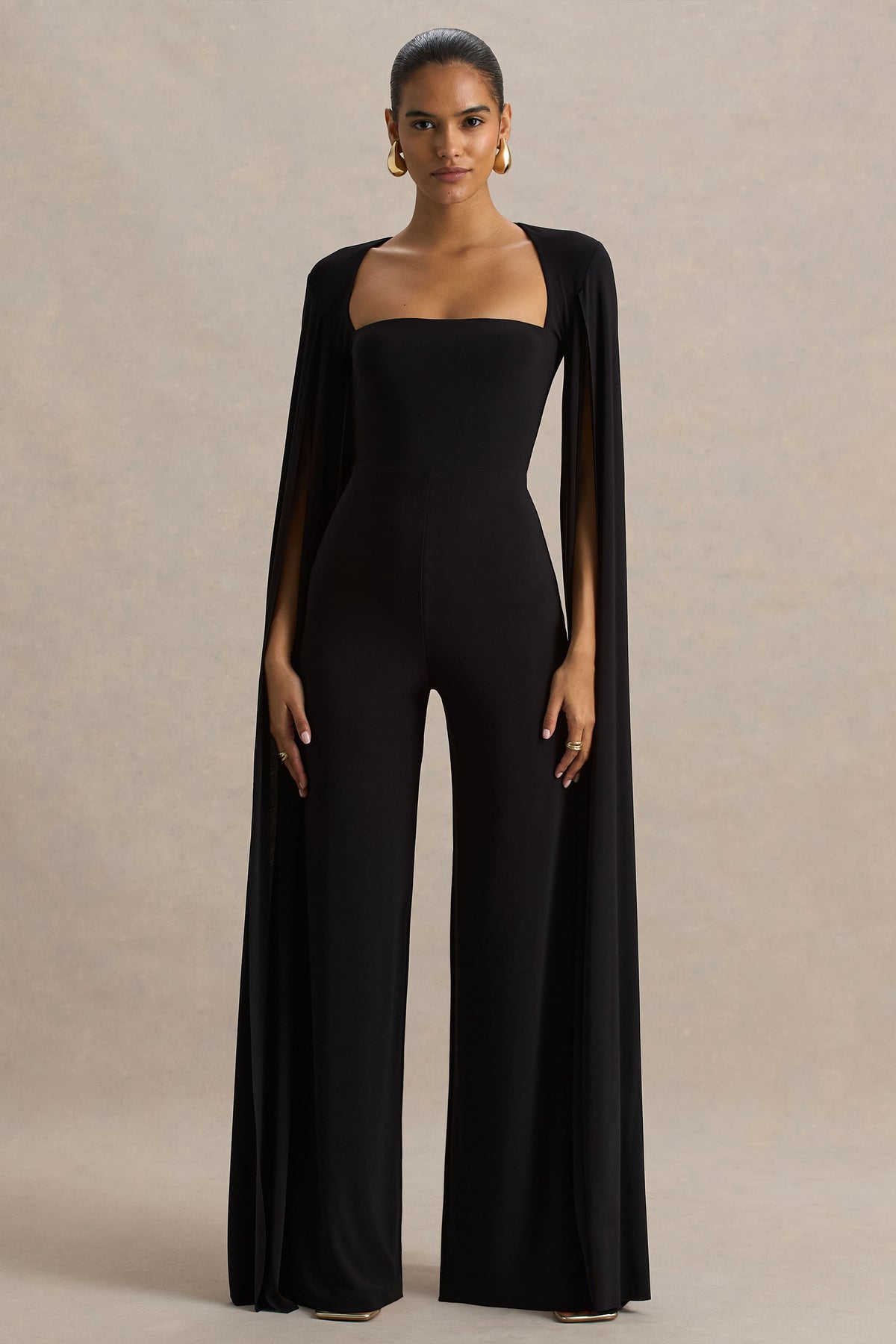 Zara Black Square-Neck Jumpsuit With Cape Sleeves Club L London - UK Zara Black Square-Neck Jumpsuit With Cape Sleeves Club L London - UK