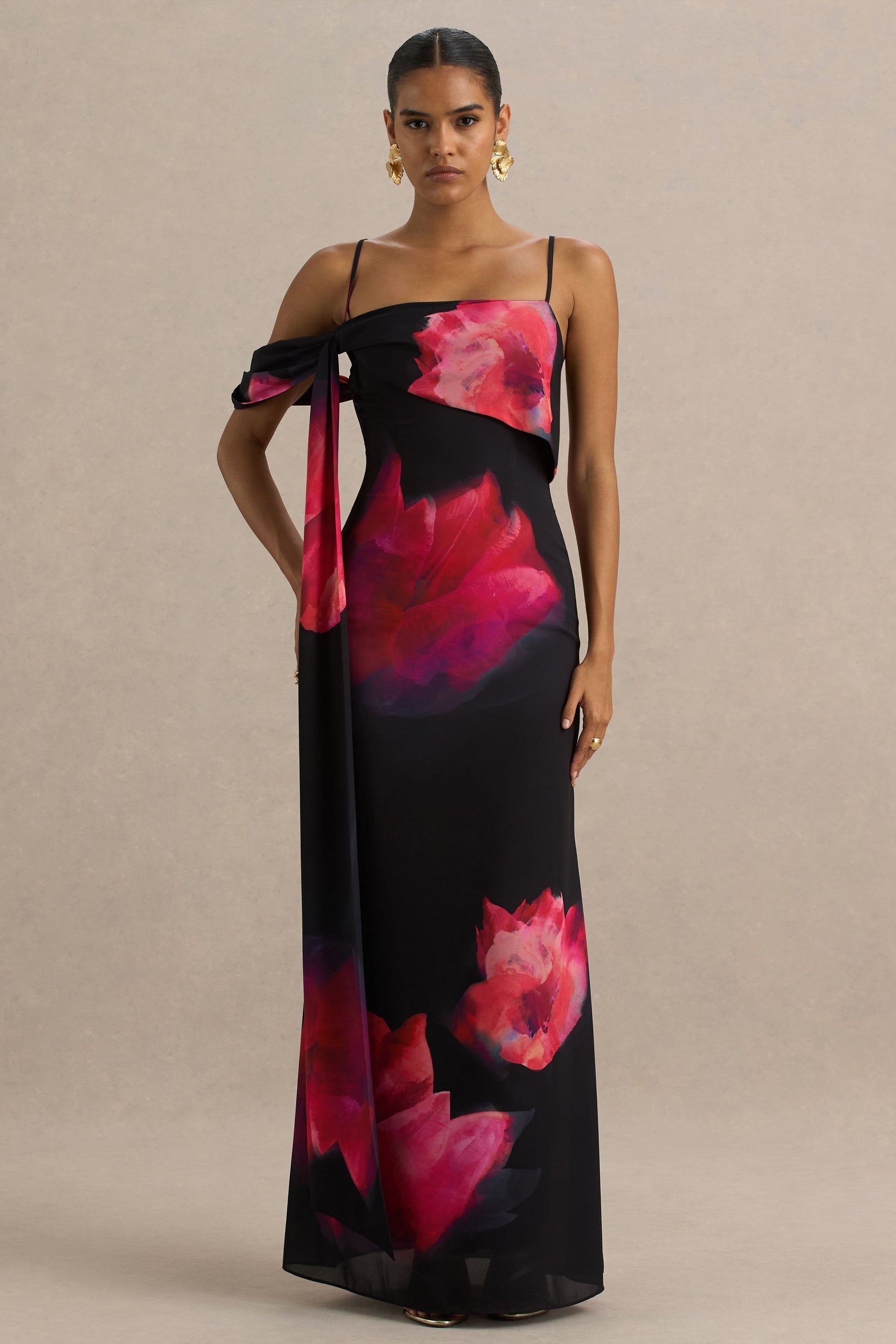 black and pink dress uk Heidi Black and Pink Floral Ruched Short Sleeve Midi Dress