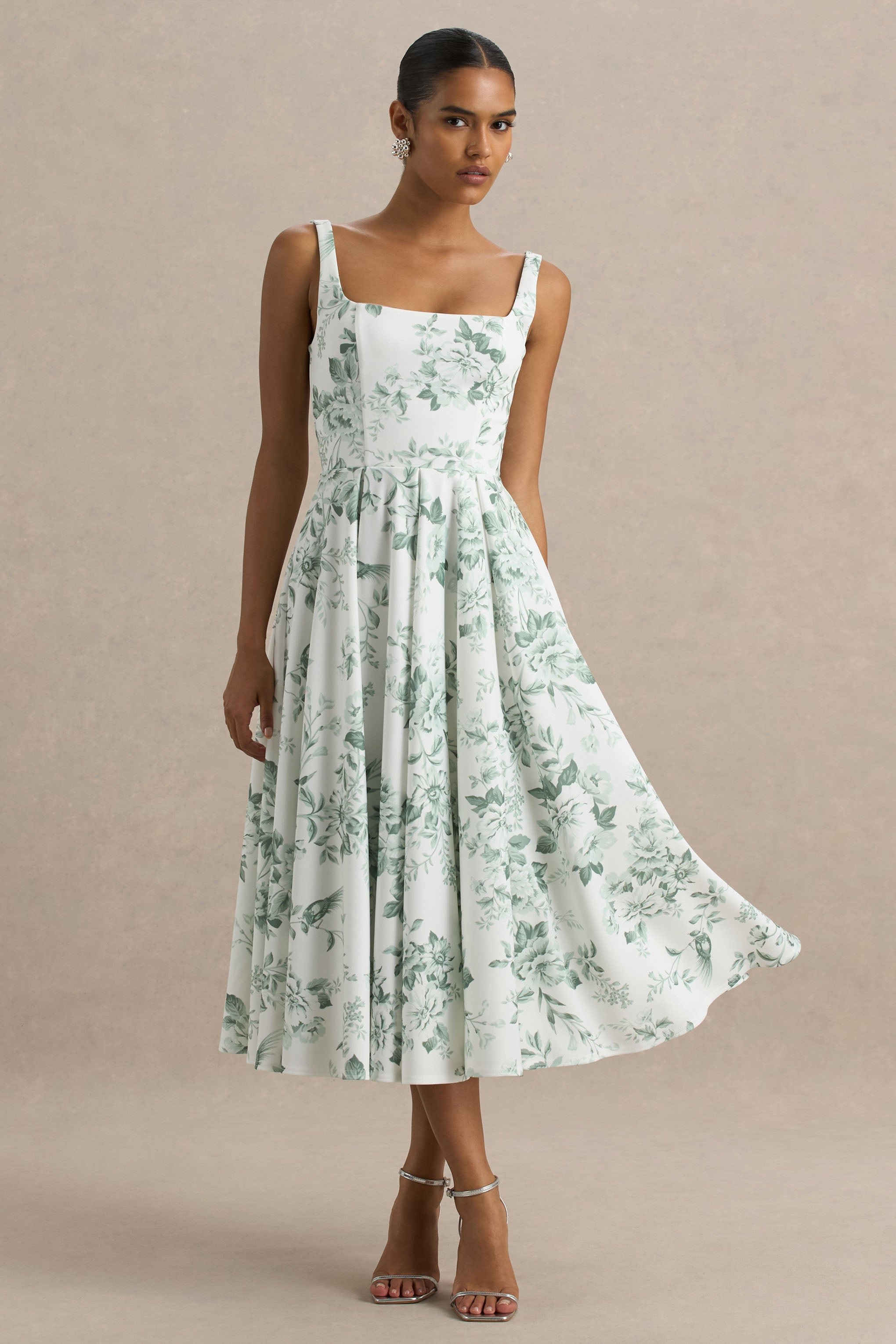 Lissa | Green Porcelain Print Square-Neck Midi Dress – Club L
