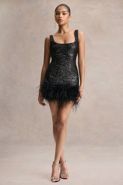 Rosalinda Black Sequin Square-Neck Mini Dress With Feather Trim