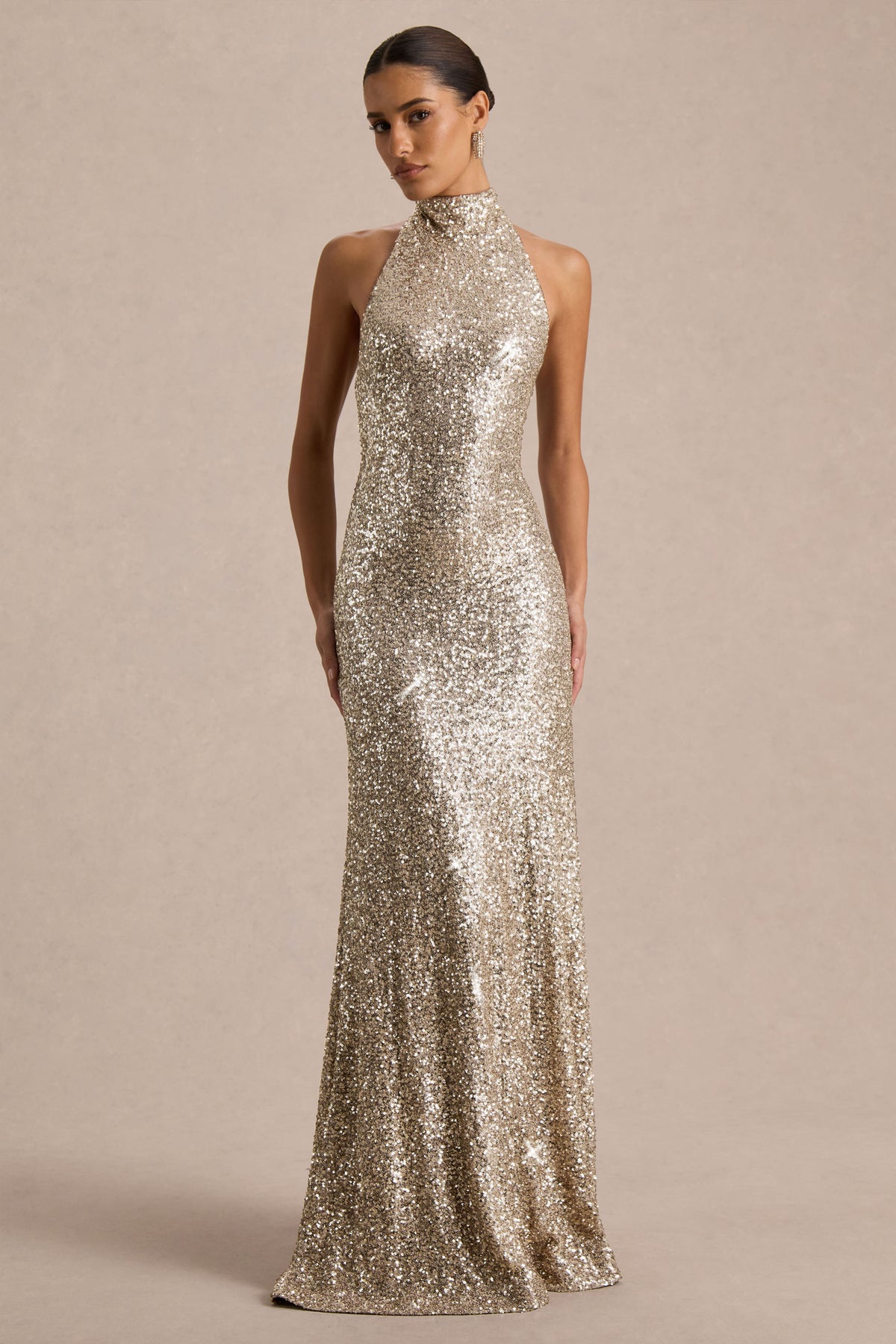 Tulia Gold Sequin High-Neck Maxi Dress Club L London - UK Tulia Gold Sequin High-Neck Maxi Dress Club L London - UK