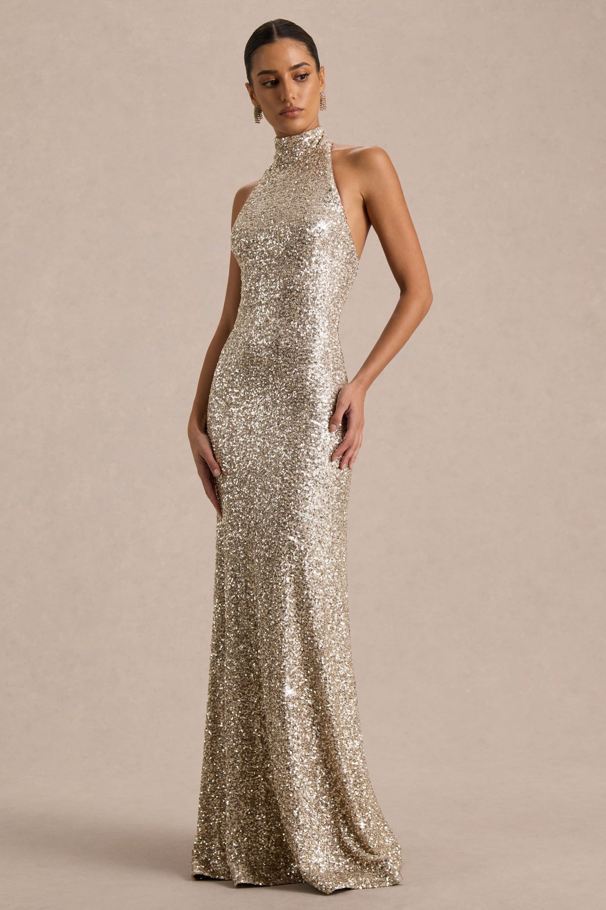 Tulia Gold Sequin High-Neck Maxi Dress Club L London - UK Tulia Gold Sequin High-Neck Maxi Dress Club L London - UK