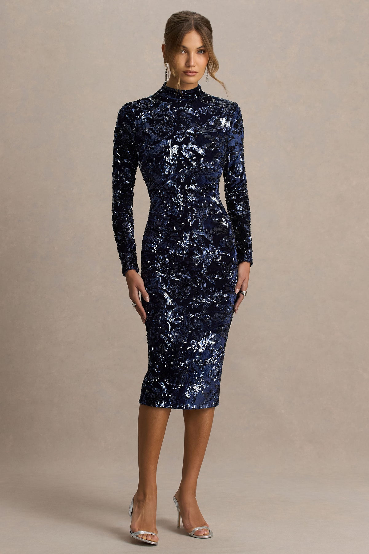mint velvet navy metallic midi dress Alanita Navy Velvet And Sequin Embellished High-Neck Midi Dress With – Club  L London