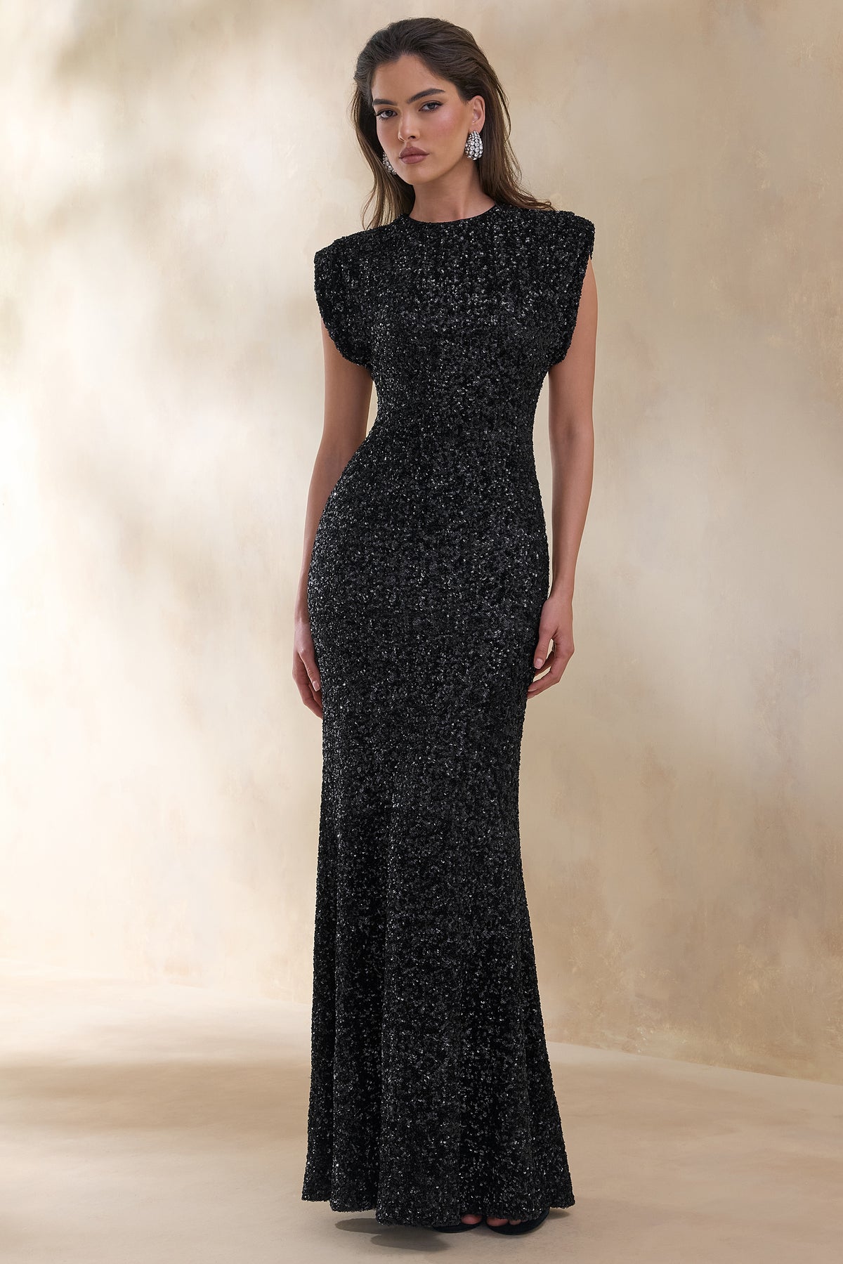ECM_HR_CL136685002 Aurah | Black Sequin Crew-Neck Maxi Dress With Cap Sleeves 1.jpg