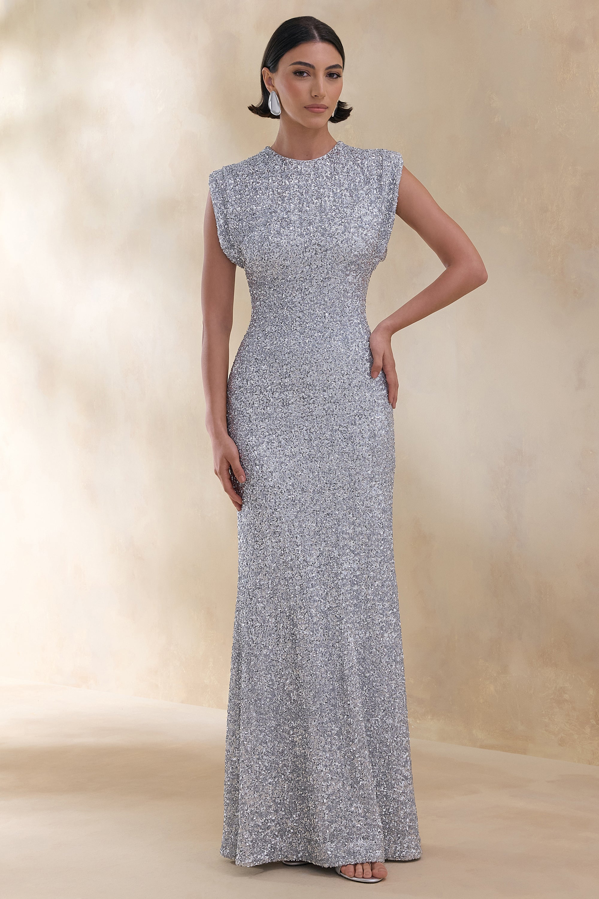 Aurah | Silver Sequin Crew-Neck Maxi Dress With Cap Sleeves – Club L London