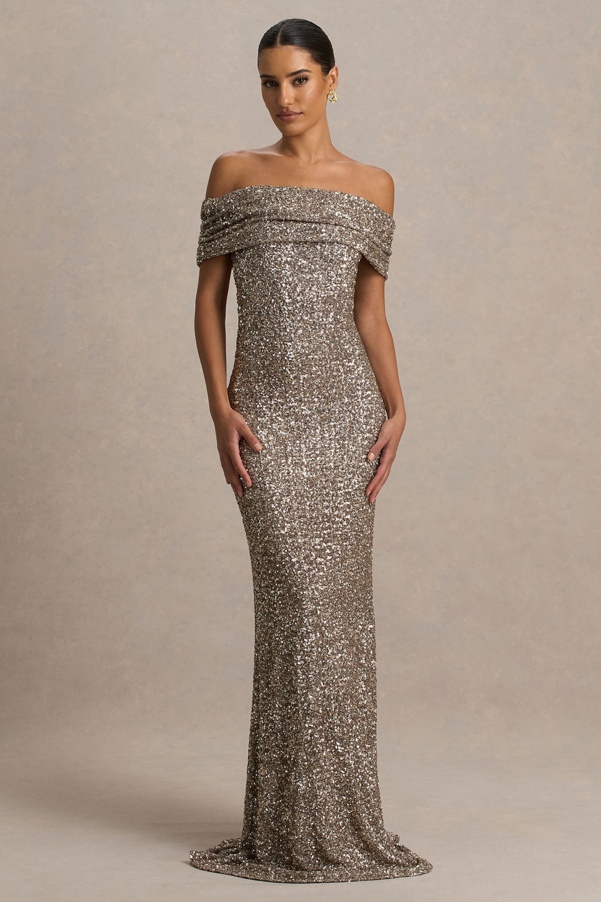 Melina Champagne Sequin Bardot Neck Maxi Dress