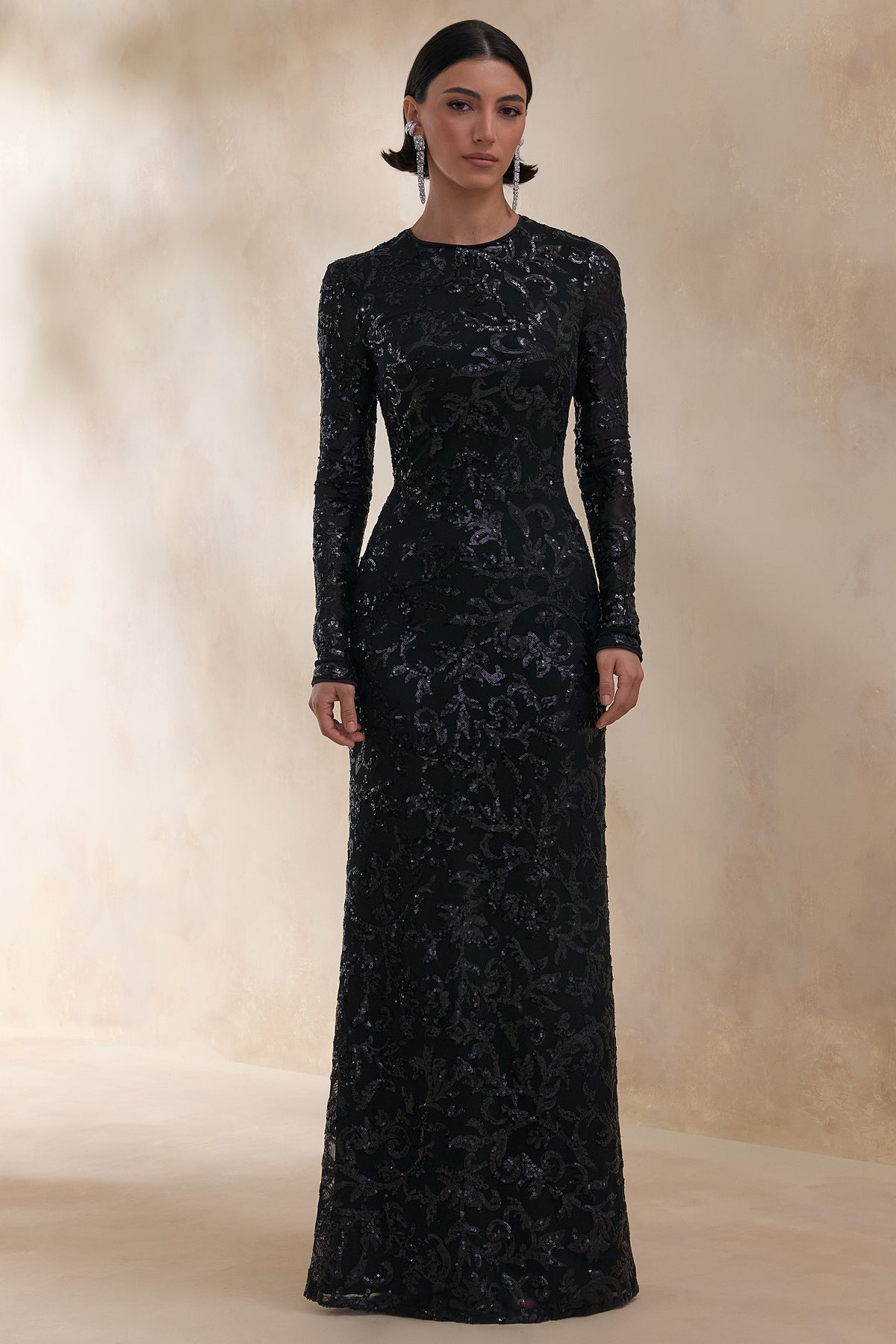 Stellar Black Embellished Lace High-Neck Maxi Dress
