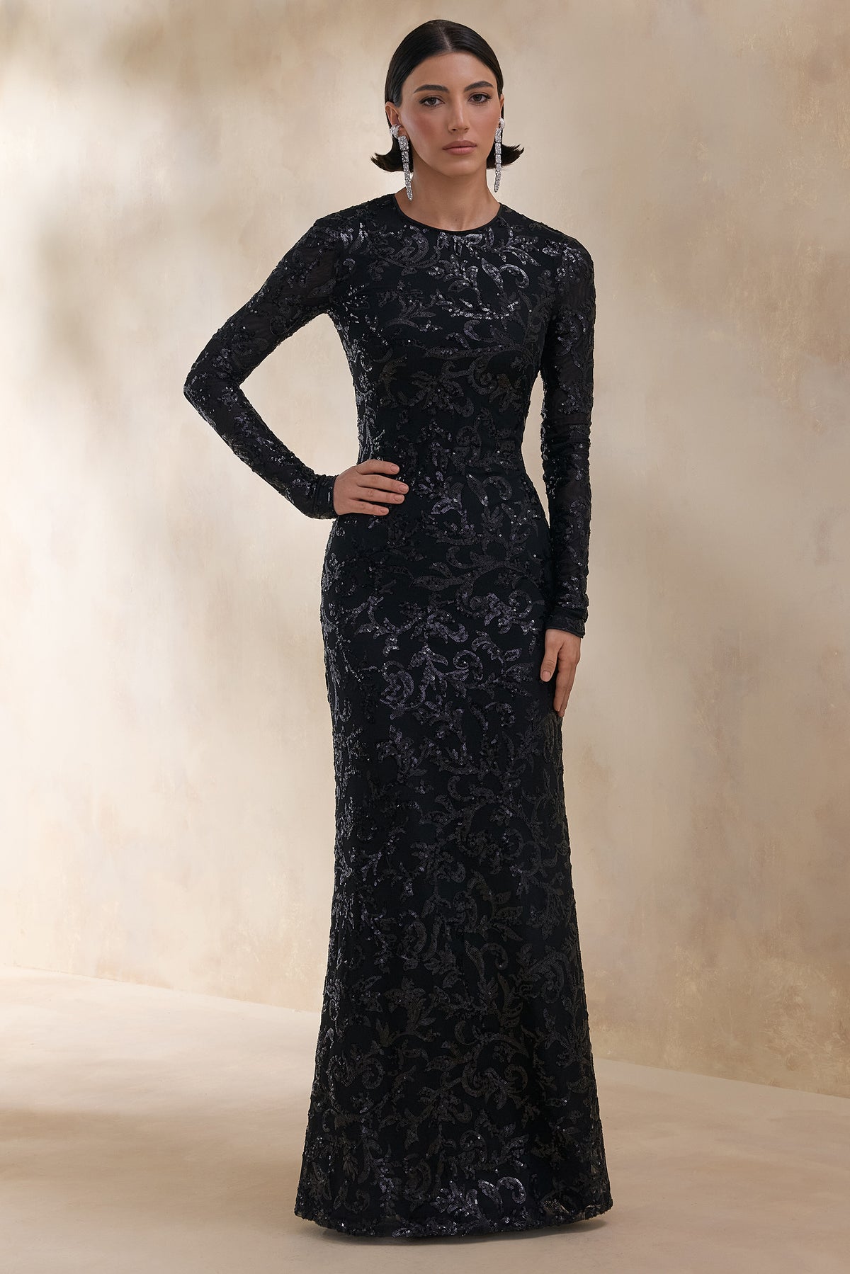 Stellar Black Embellished Lace High-Neck Maxi Dress With Long Sleeve