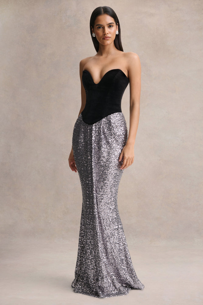 Aeris Black Velvet And Silver Sequin Plunge-Neck Maxi Dress  Club L London  - UK