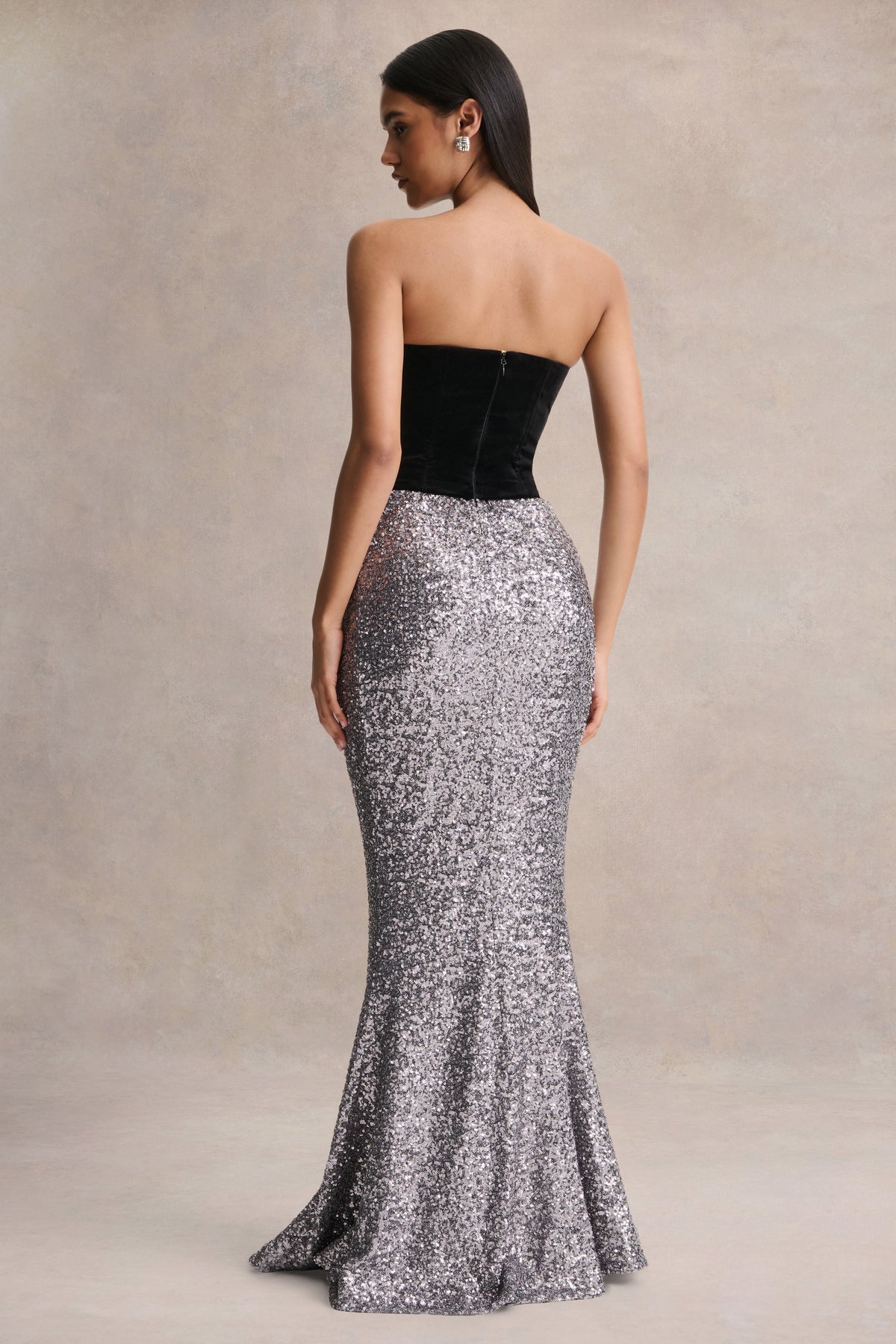 Aeris Black Velvet And Silver Sequin Plunge-Neck Maxi Dress Club L London - UK Aeris Black Velvet And Silver Sequin Plunge-Neck Maxi Dress Club L London - UK