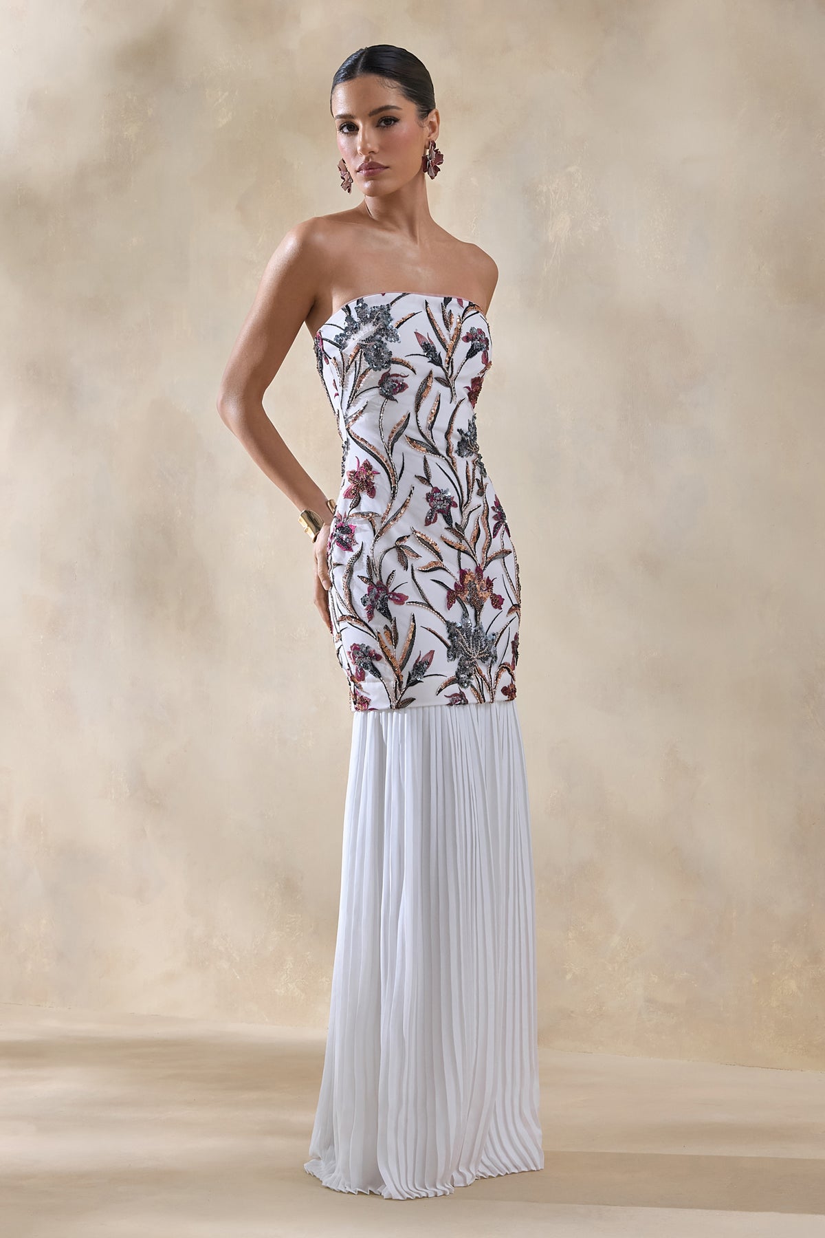 Denise Cream Sequin Floral Bandeau-Neck Embellished Maxi Dress With Club L London - UK Denise Cream Sequin Floral Bandeau-Neck Embellished Maxi Dress With Club L London - UK