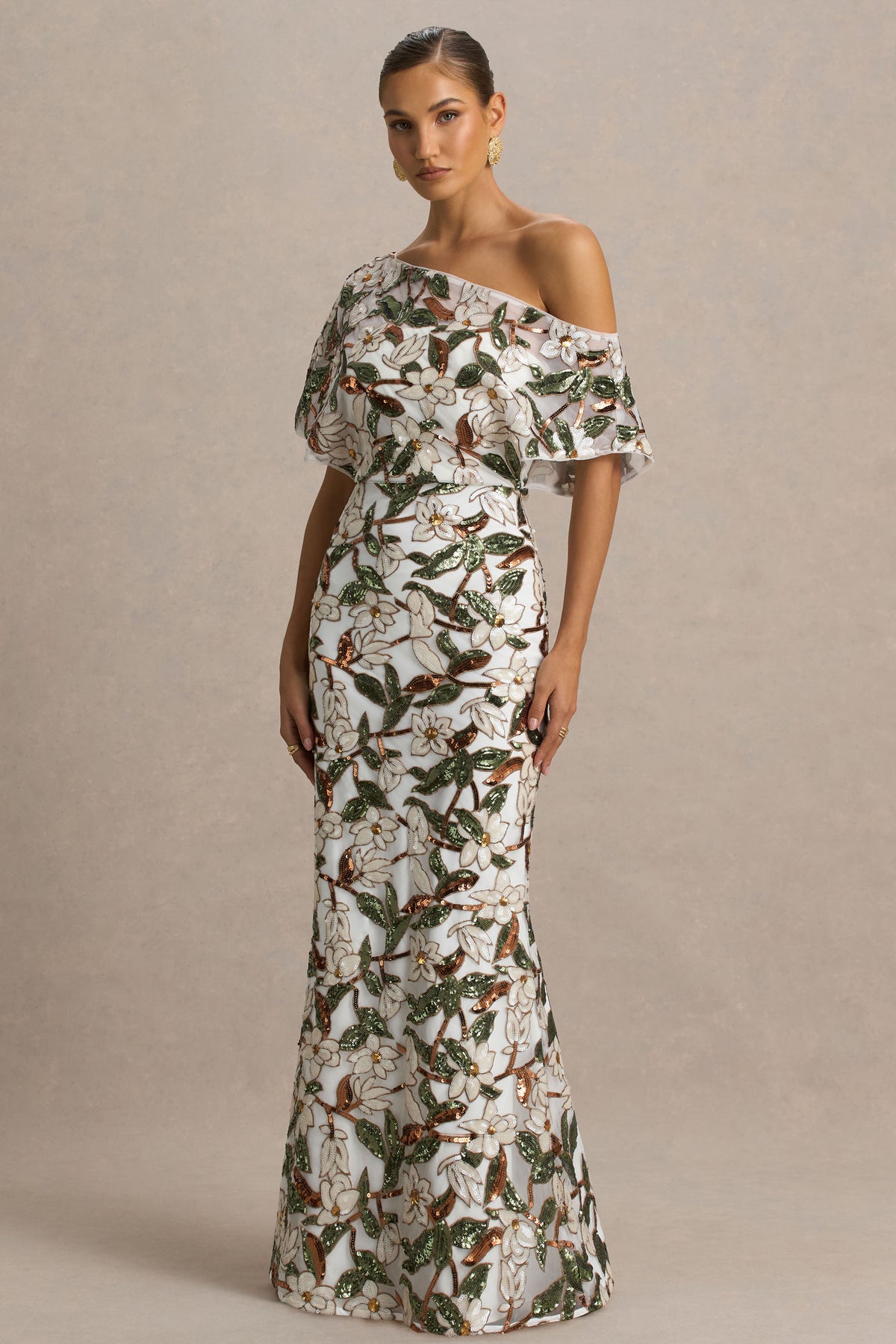 Iony White And Green Embellished Sequin Floral And Mesh Asymmetric-N Club L London - UK Iony White And Green Embellished Sequin Floral And Mesh Asymmetric-N Club L London - UK