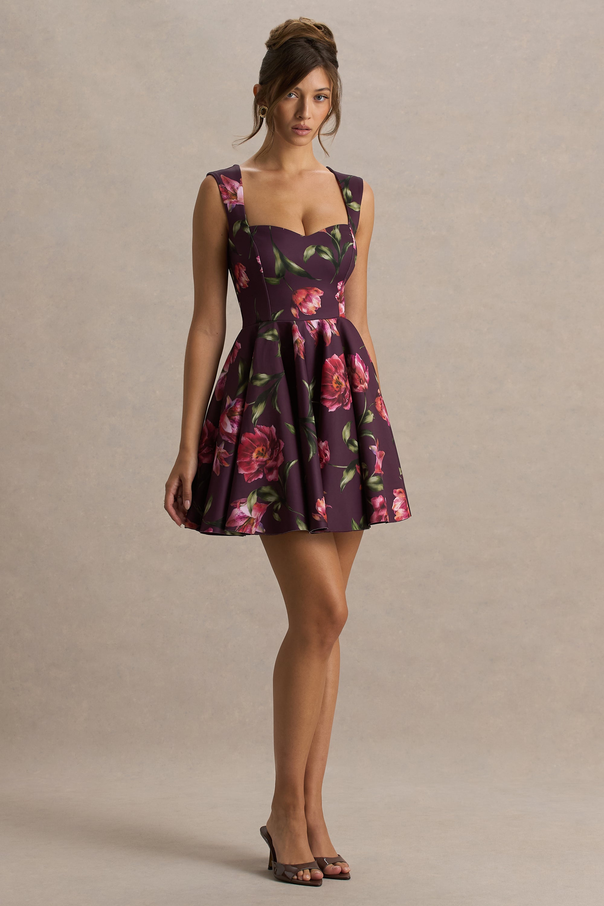 Magic Floral Print Sweetheart Neck Mini Dress.