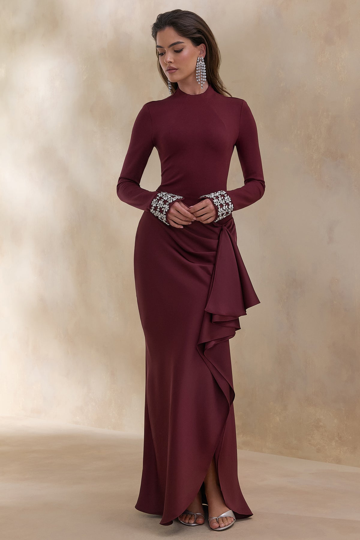 Starred Burgundy Crew-Neck Maxi Dress With Drop-Waist And Satin Wrap