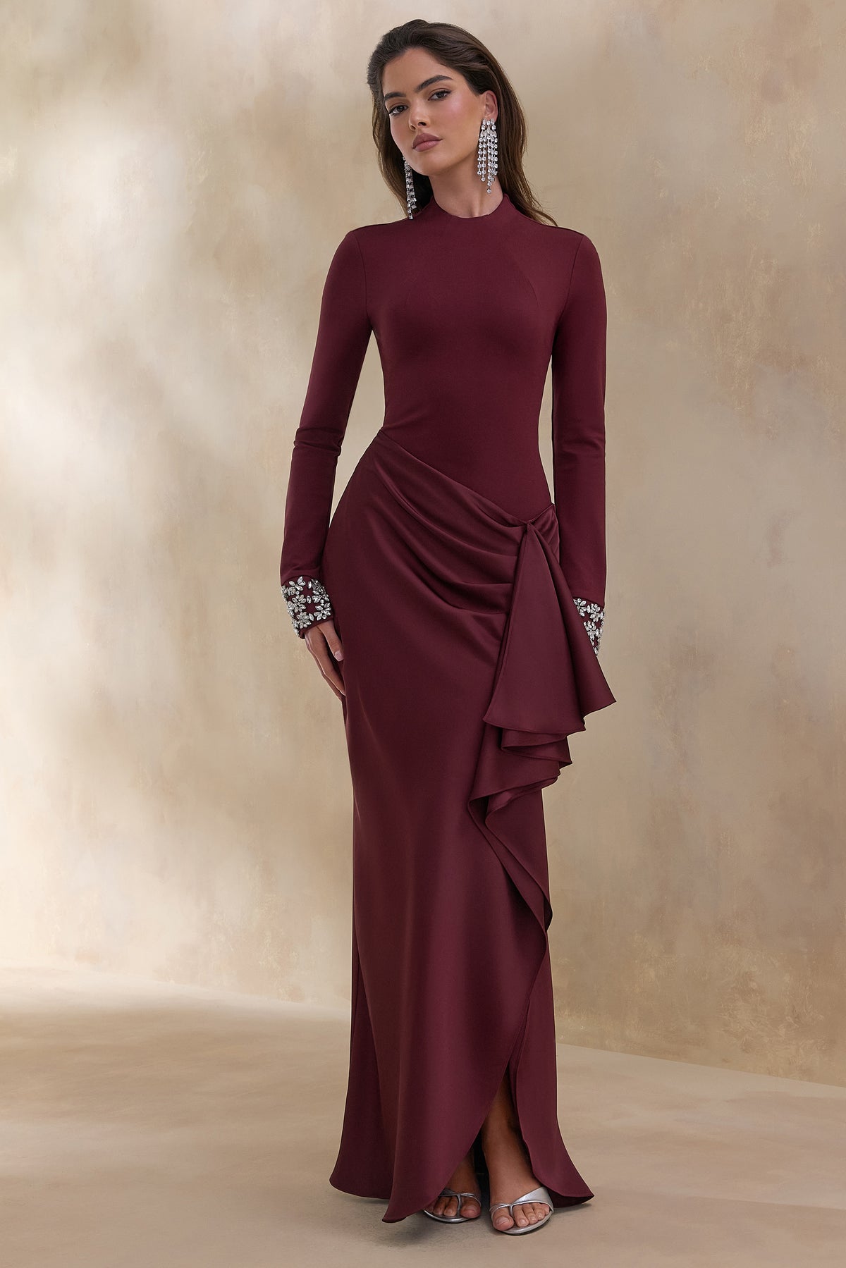 Starred Burgundy Crew-Neck Maxi Dress With Drop-Waist And Satin Wrap