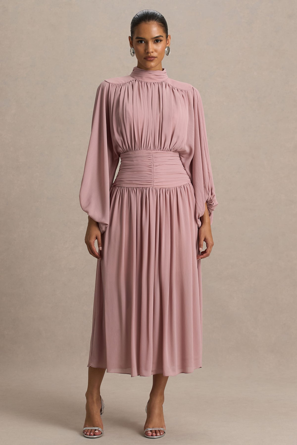 Annabel Dusty Pink High-Neck Midi Dress With Pleating Club L London - UK Annabel Dusty Pink High-Neck Midi Dress With Pleating Club L London - UK
