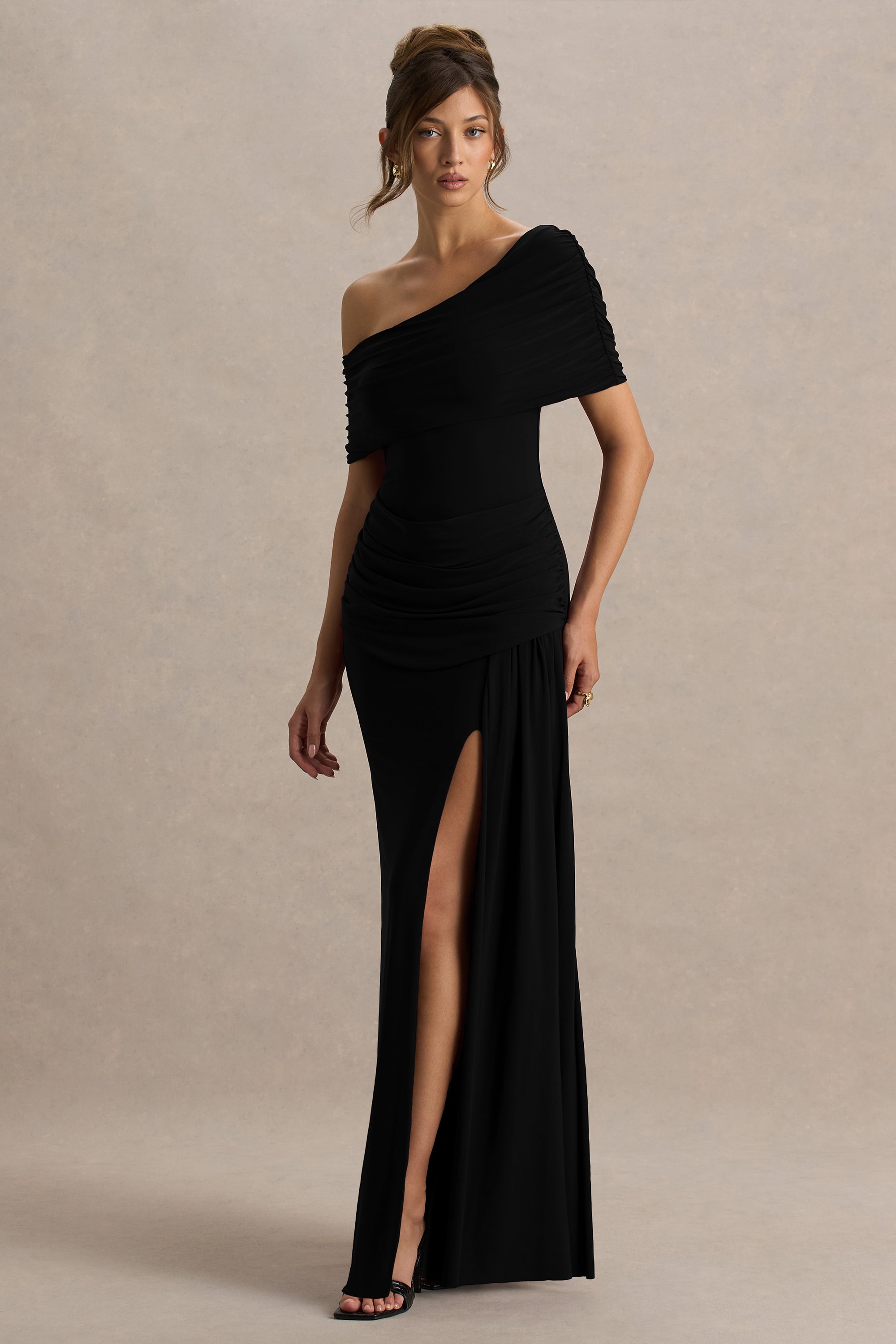 Dynasty Asymmetric Neck Maxi Dress Ruched Detailing Front High Split