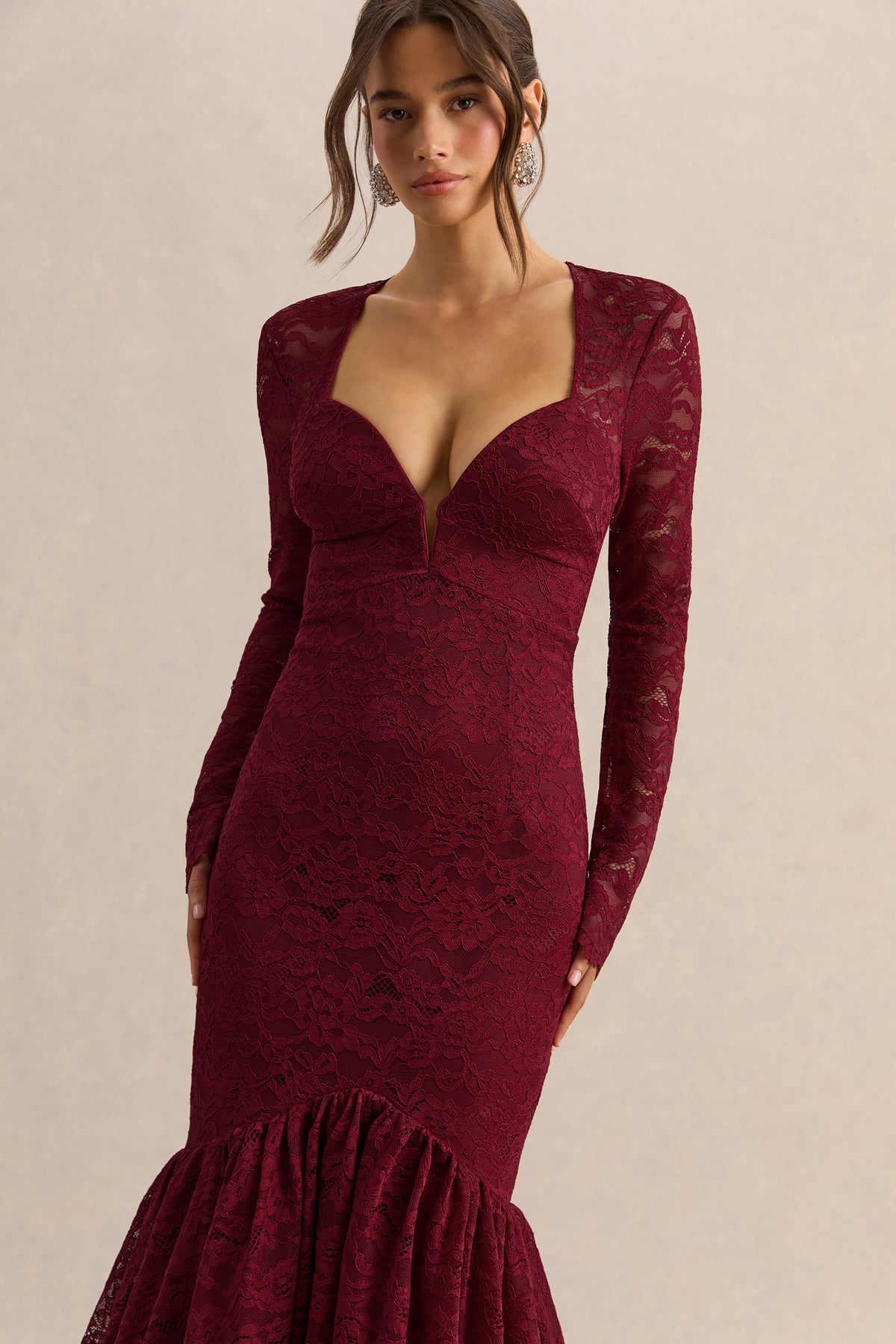 Camilly Burgundy Lace Plunge-Neck Mermaid Midi Dress – Club L London