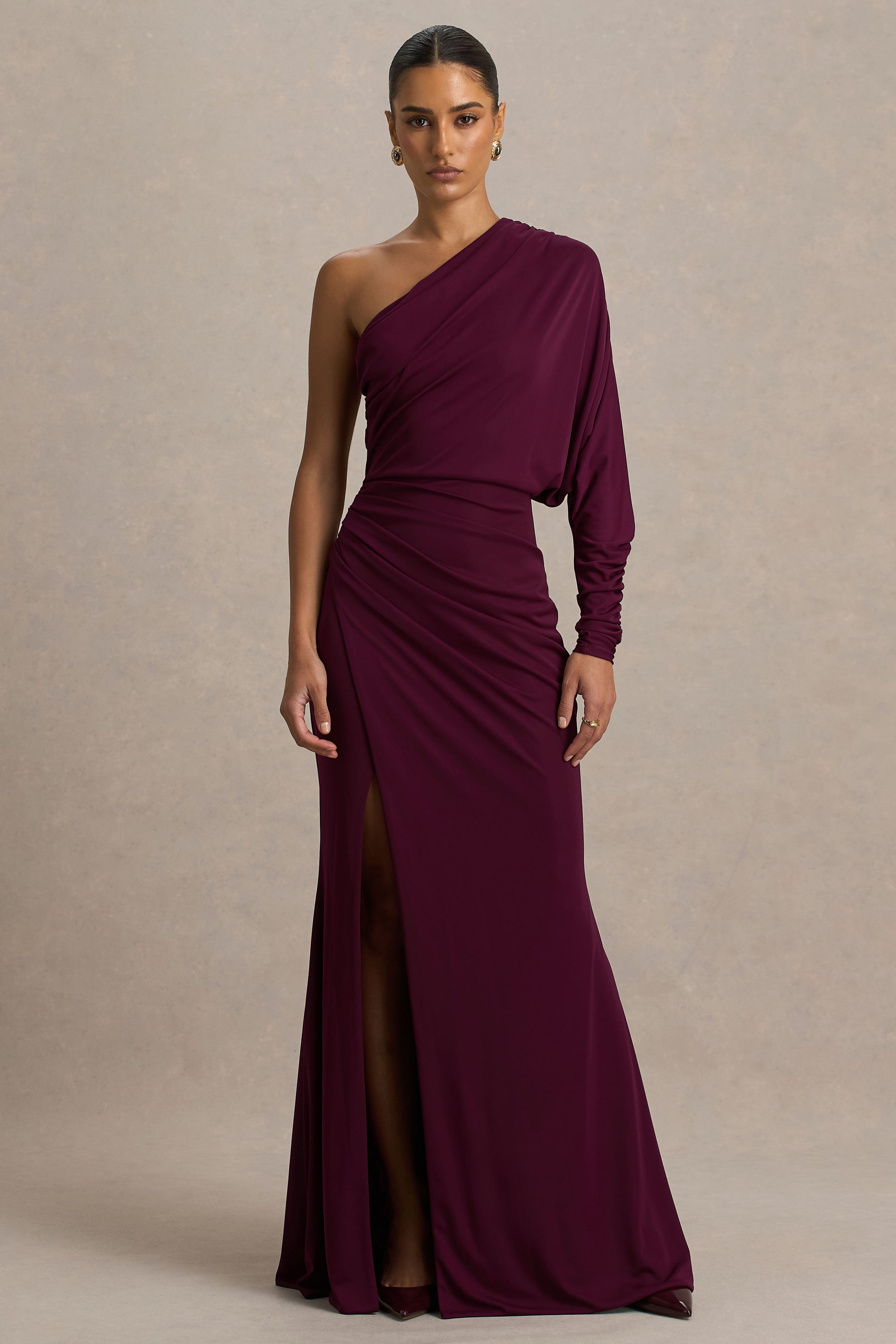 Lola Asymmetric Neck Maxi Dress Ruched Detailing Front High Split