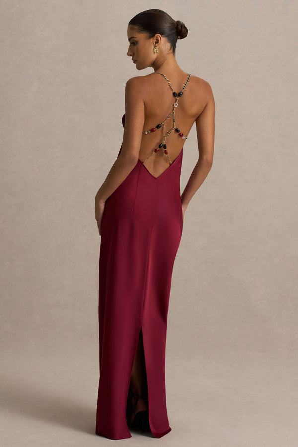 Cher Burgundy Satin Square-Neck Maxi Dress With Embellished-Detailed – Club  L London