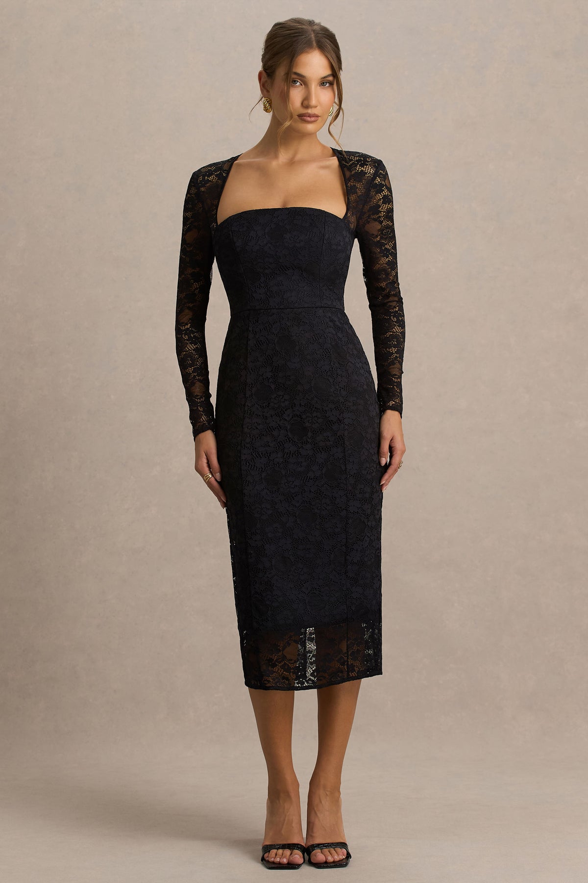 chinese dress ladies Alissa Black Lace Square-Neck Midi Dress – Club L London