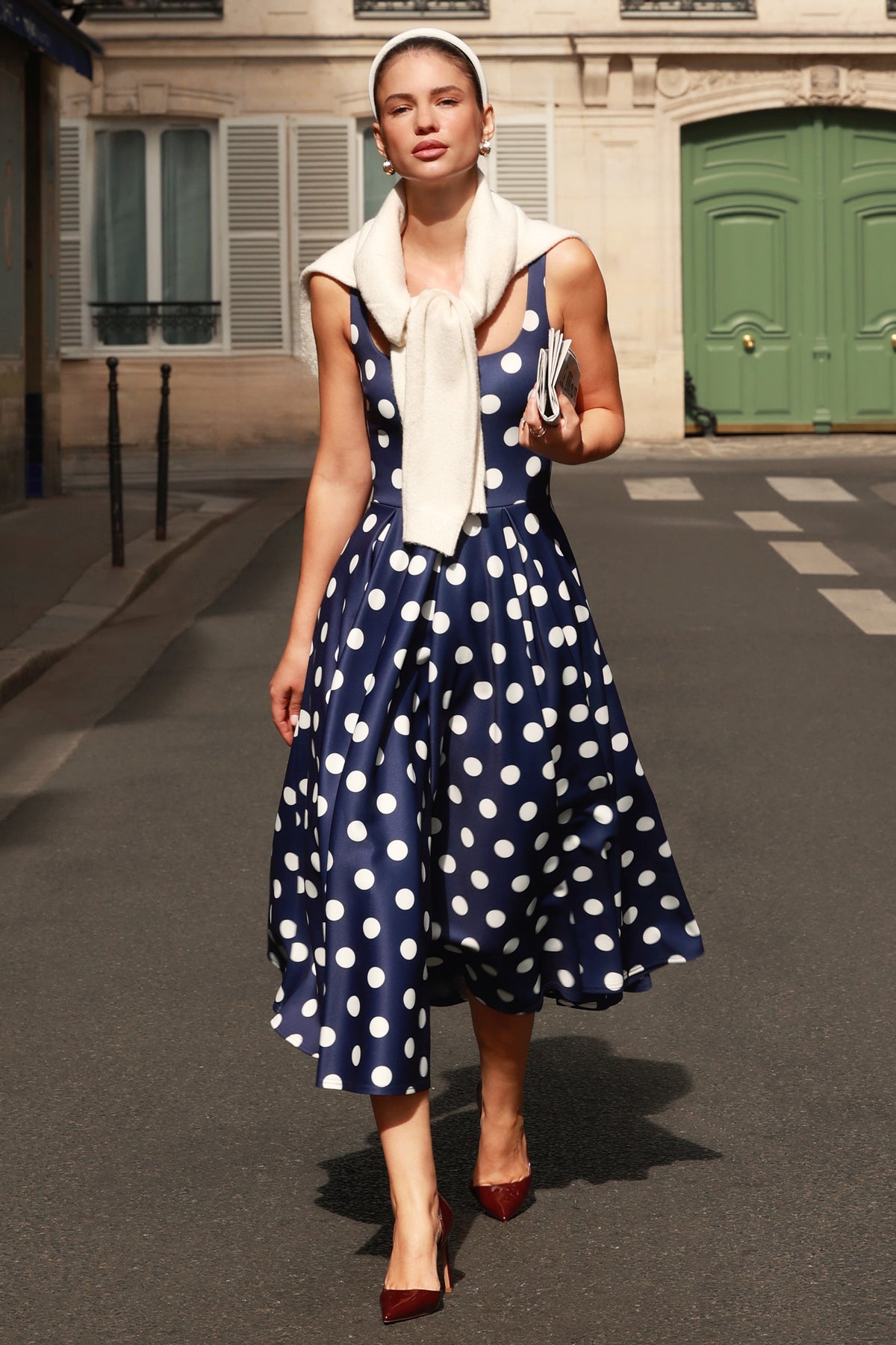 Berta Navy And White Polka-Dot Square-Neck Midi Dress Club L London - UK Berta Navy And White Polka-Dot Square-Neck Midi Dress Club L London - UK
