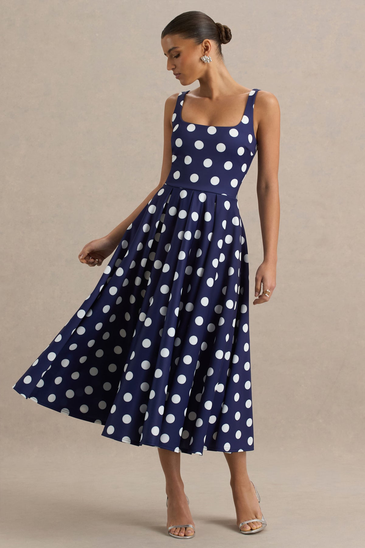 Berta Navy And White Polka-Dot Square-Neck Midi Dress – Club L London Berta Navy And White Polka-Dot Square-Neck Midi Dress – Club L London