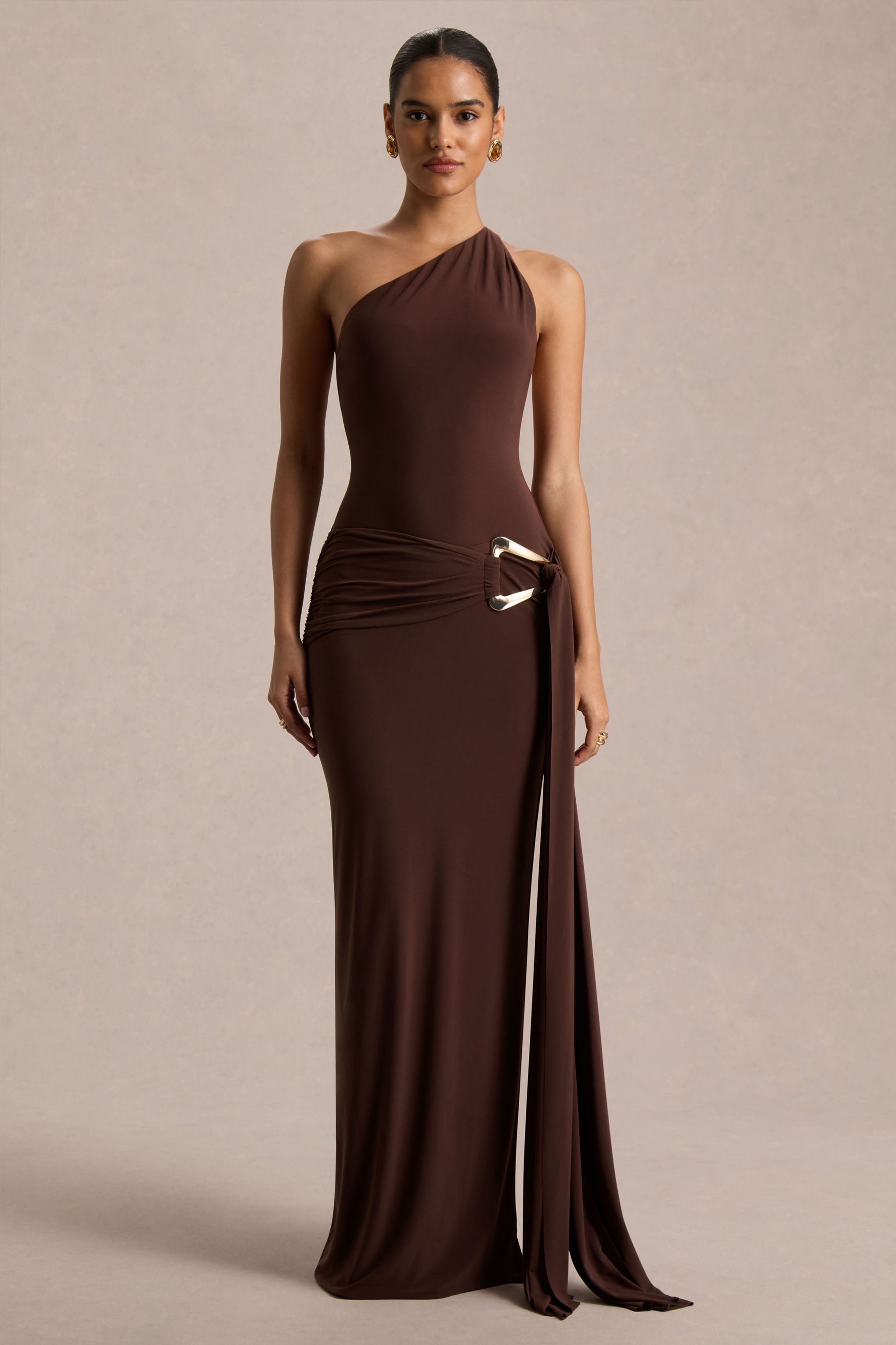 Bonnie | Brown Asymmetric-Neck Maxi Dress With Open-Back – Club L
