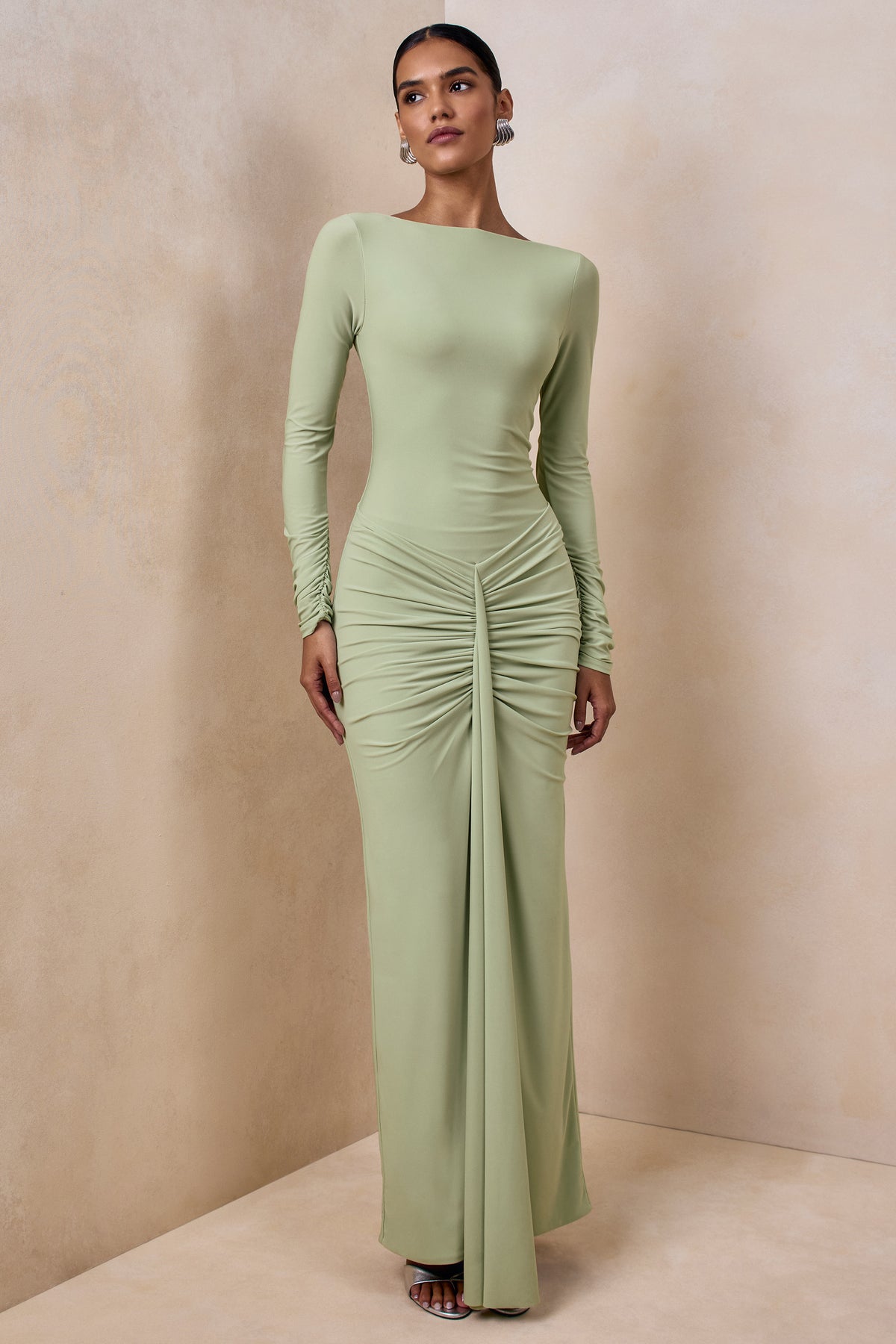 ECM_HR_CL136818314 - Matilda | Light Green Boat-Neck Maxi Dress With Ruched Detailing 01.jpg