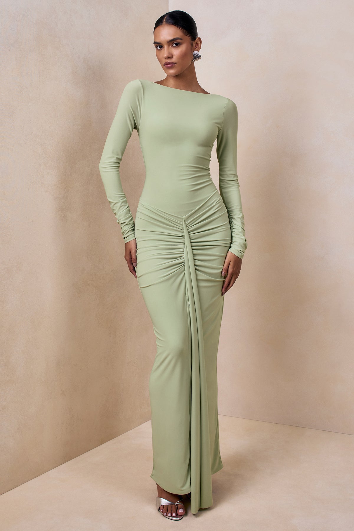 ECM_HR_CL136818314 - Matilda | Light Green Boat-Neck Maxi Dress With Ruched Detailing 03.jpg