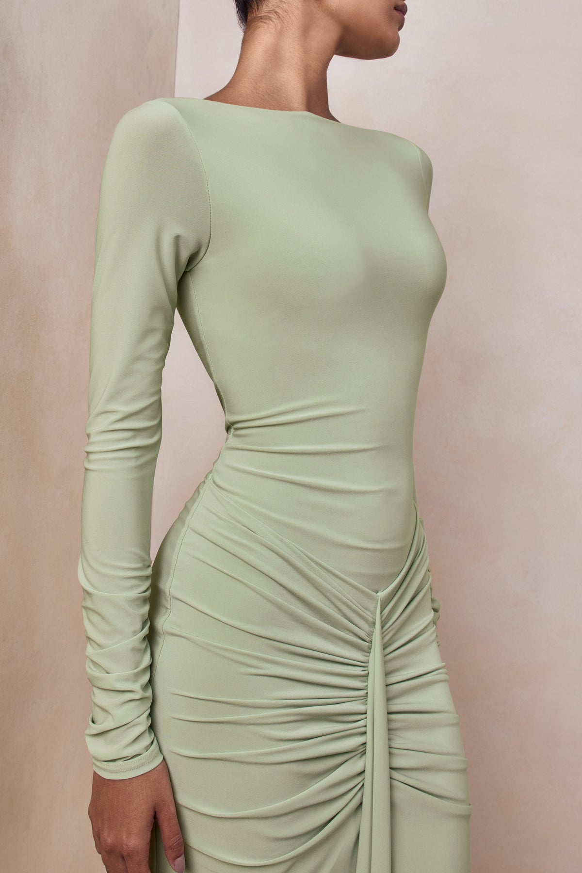 ECM_HR_CL136818314 - Matilda | Light Green Boat-Neck Maxi Dress With Ruched Detailing 04.jpg