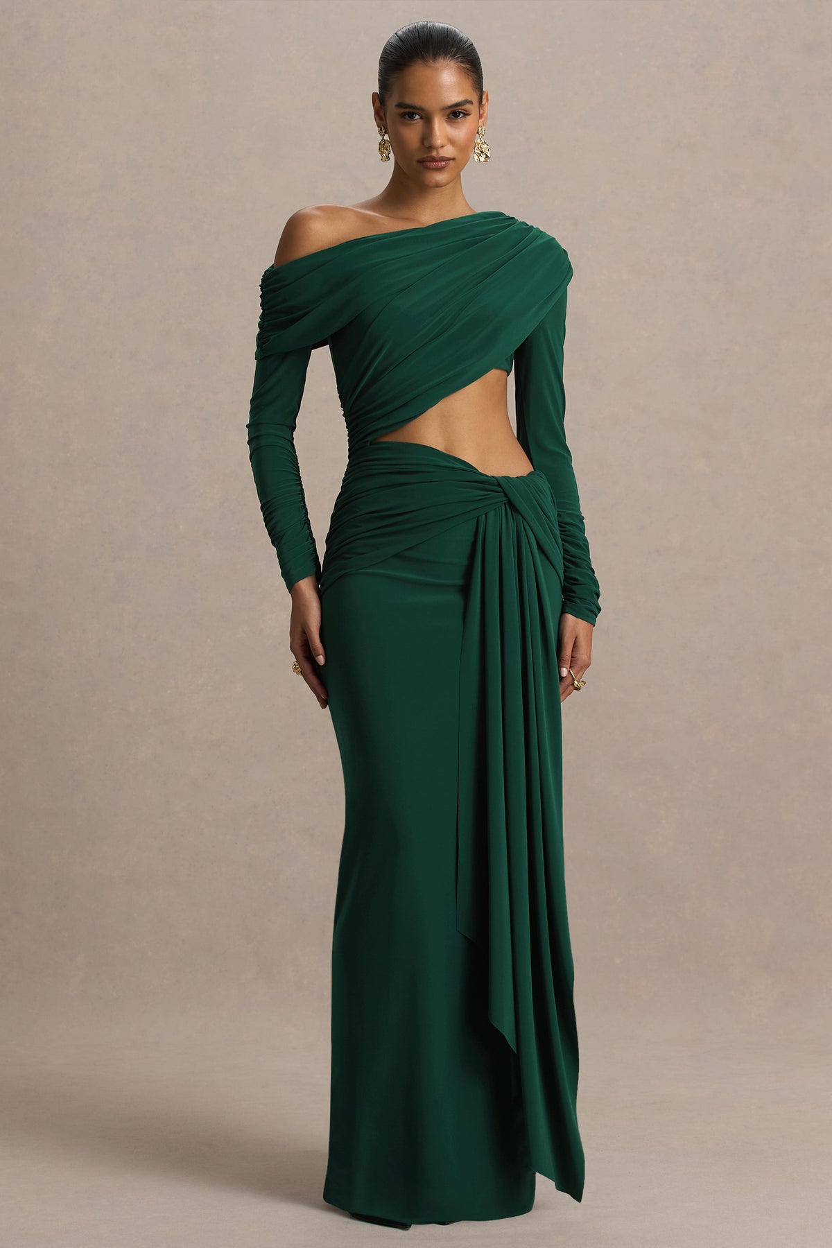 Mikayla Dark Green Asymmetric-Neck Wrap Maxi Dress With Body Cut-Out Club L London - UK Mikayla Dark Green Asymmetric-Neck Wrap Maxi Dress With Body Cut-Out Club L London - UK