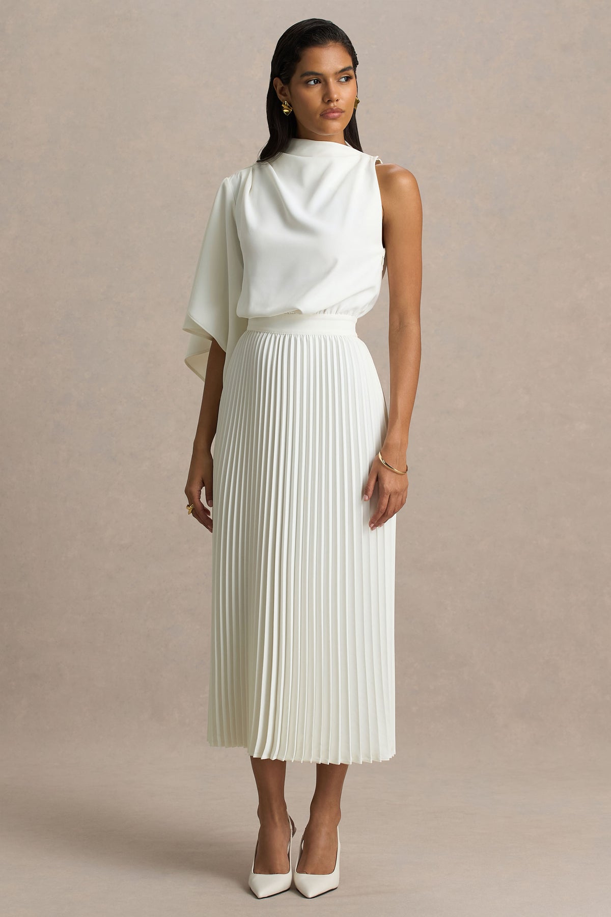 Jimena High Neck Midi Dress One Long Sleeve Pleated Detailing