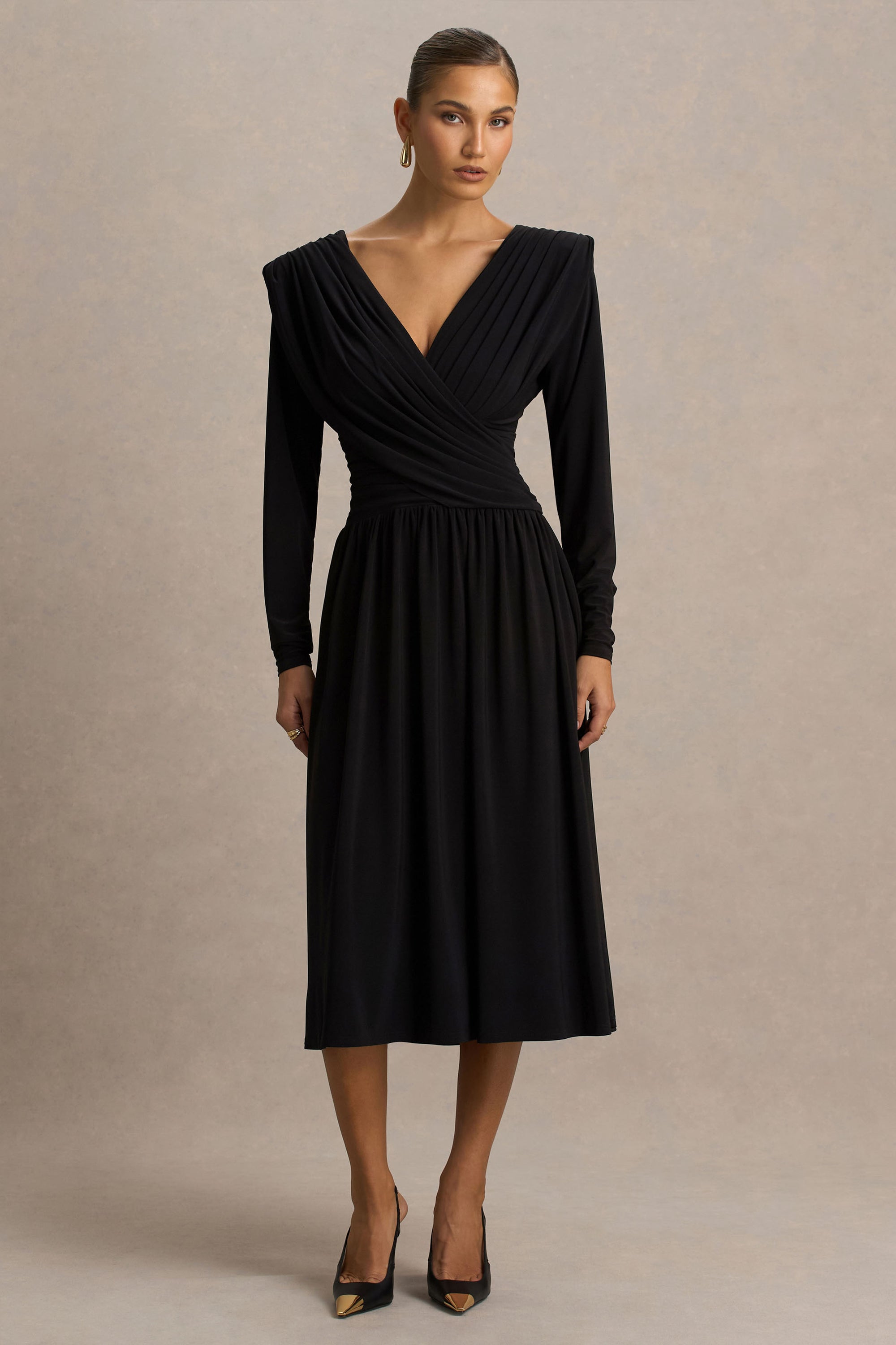Alexis Plunge Neck Midi Dress Draped Ruched Detailing