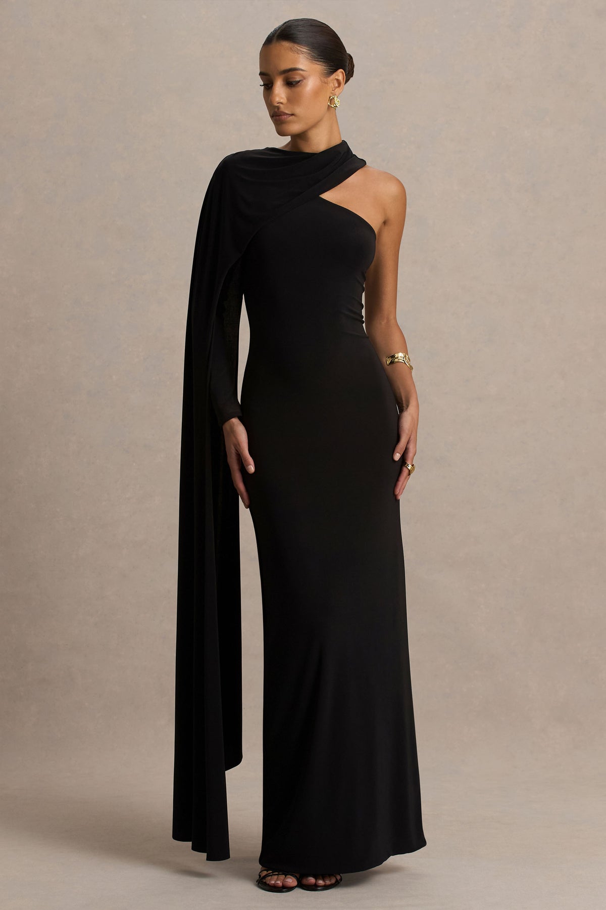 Dawn Black High-Neck Maxi Dress with One Cape Sleeve