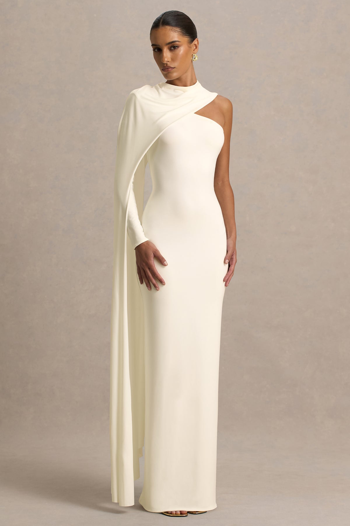 Dawn Cream High-Neck Maxi Dress With One Long Cape-Sleeve Club L London - UK Dawn Cream High-Neck Maxi Dress With One Long Cape-Sleeve Club L London - UK