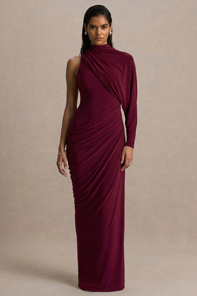 Aphra Burgundy High-Neck Maxi Dress With Cape-Sleeve – Club L London