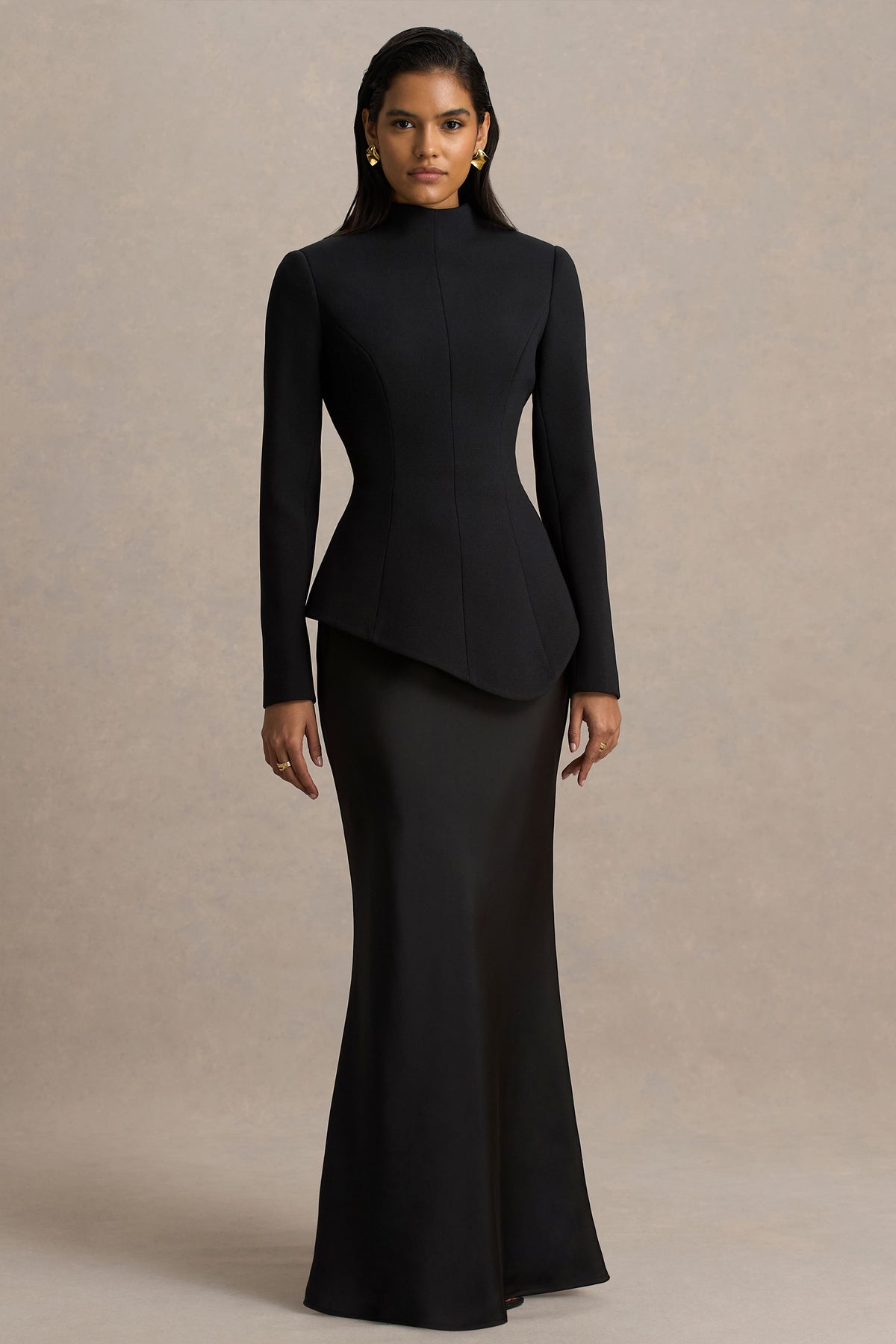 Pepita Black High-Neck Drop-Waist Maxi Dress
