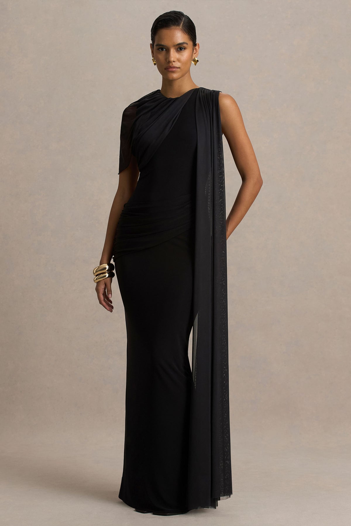 Brenda Crew Neck Maxi Dress Mesh Cape Sash