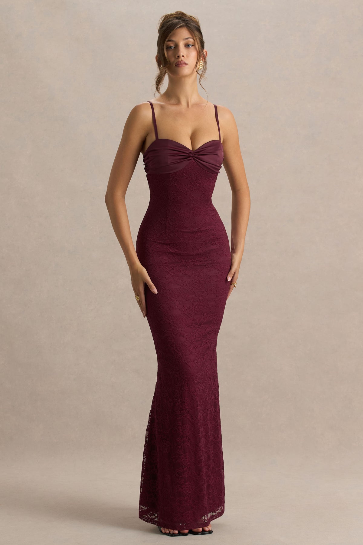 Juana Burgundy Lace And Satin Sweetheart-Neck Satin Maxi Dress Club L London - UK Juana Burgundy Lace And Satin Sweetheart-Neck Satin Maxi Dress Club L London - UK